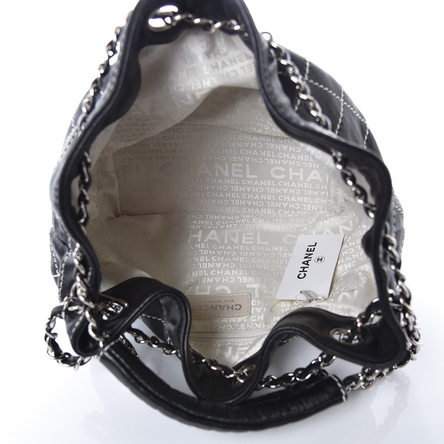 Chanel Lambskin Contrast Stitch Small Drawstring Tote Black 3 of 5