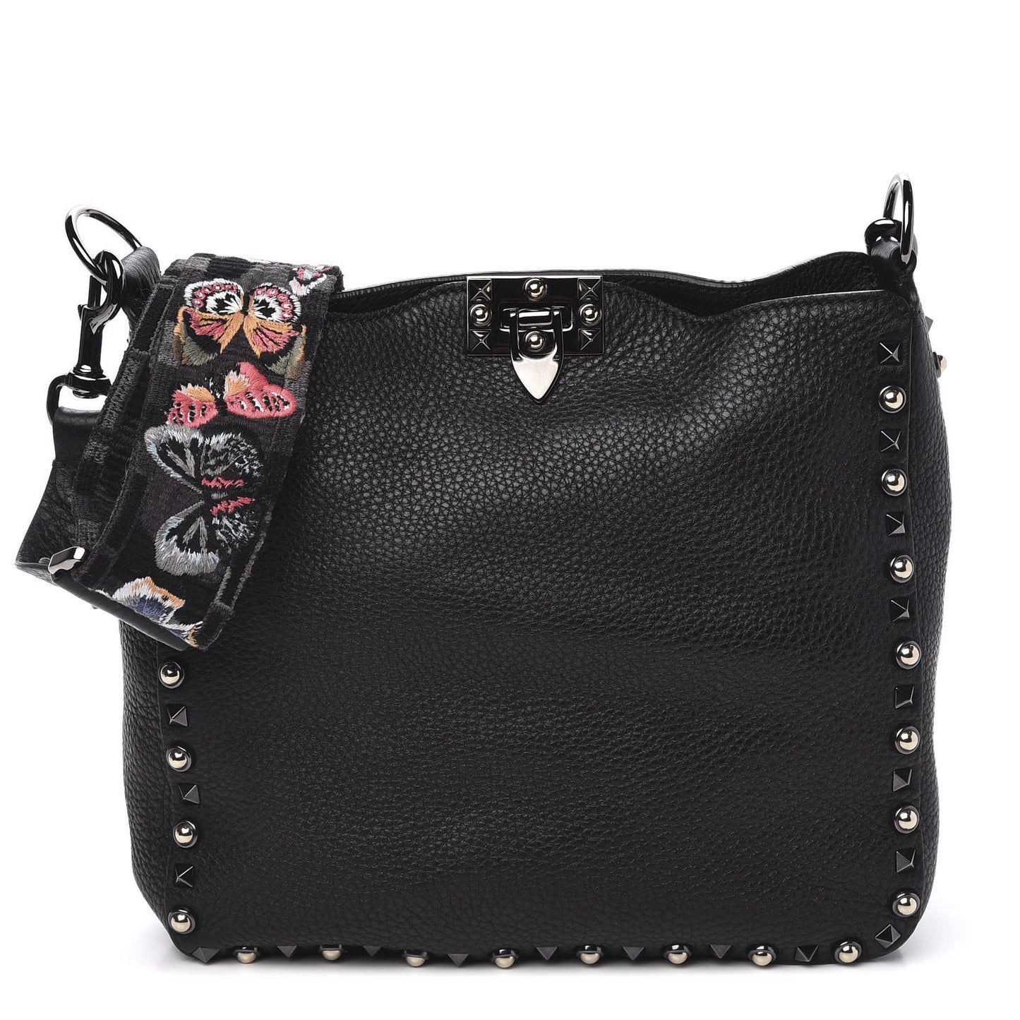 Pebbled Calfskin Butterfly Small Guitar Strap Rockstud Rolling Flip-Lock Messenger Bag Black