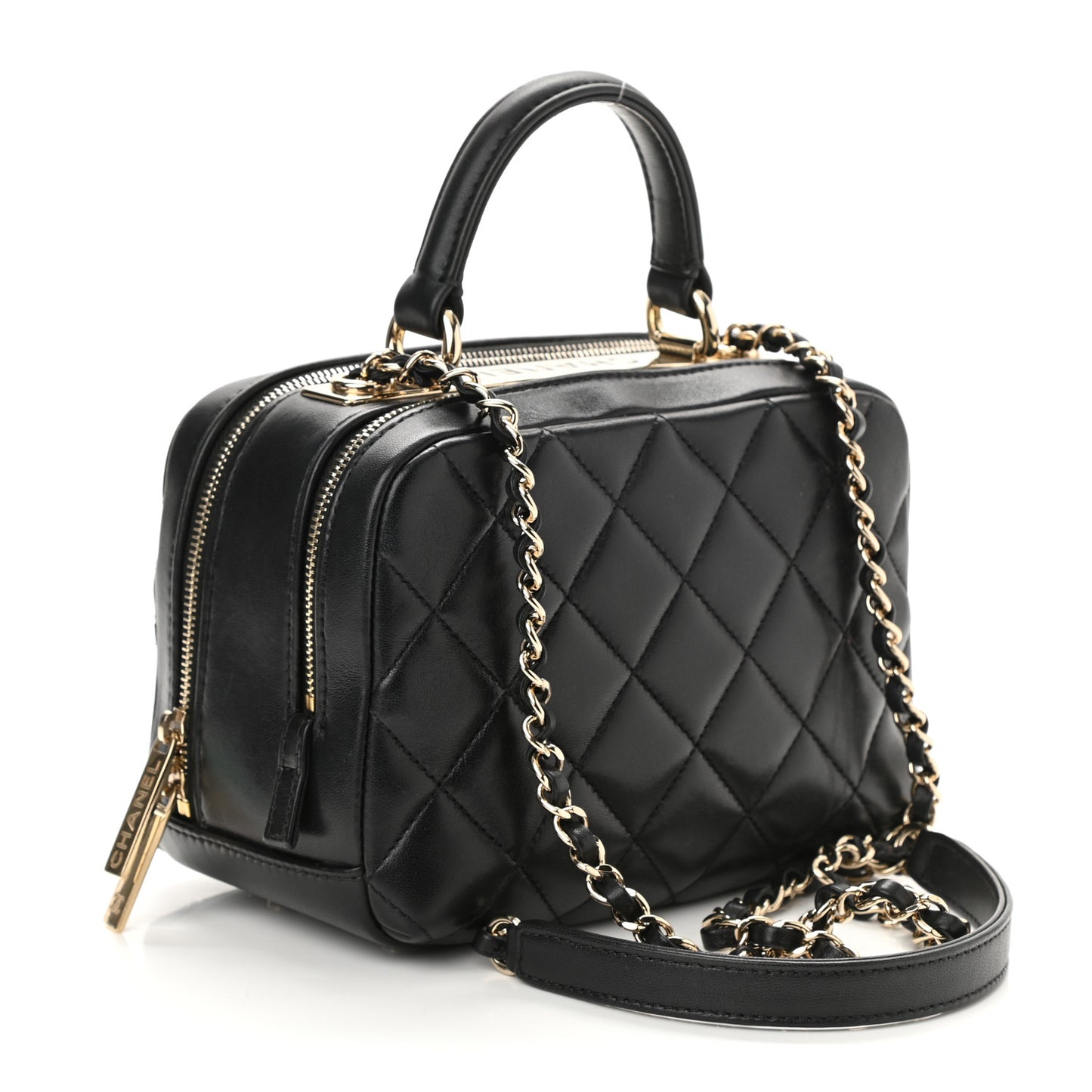Lambskin Quilted Small Trendy CC Bowling Bag Black