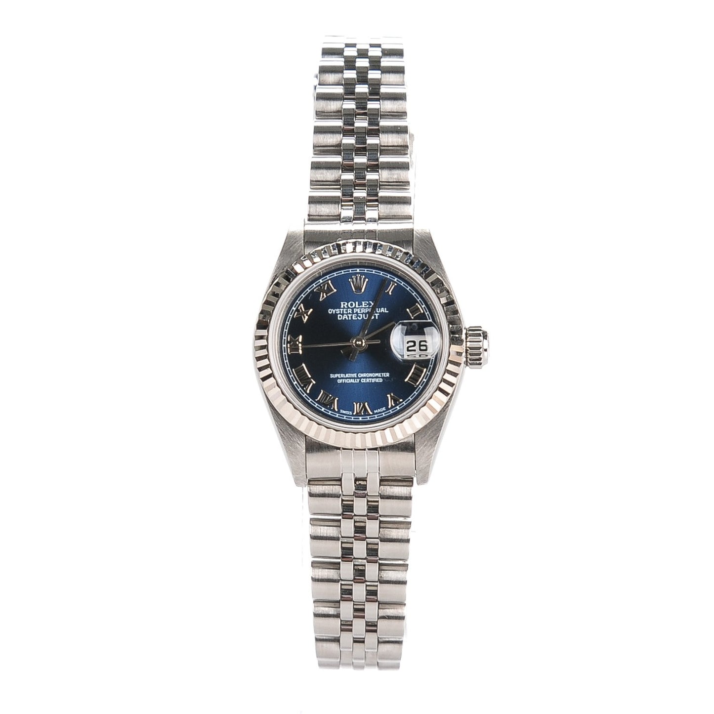 Stainless Steel 18K White Gold 26mm Oyster Perpetual Datejust Watch Blue Roman 69147