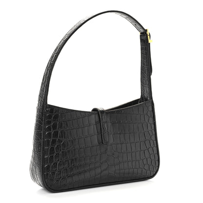 Saint Laurent Calfskin Crocodile Embossed Le 5 A 7 Hobo Black 3 of 9