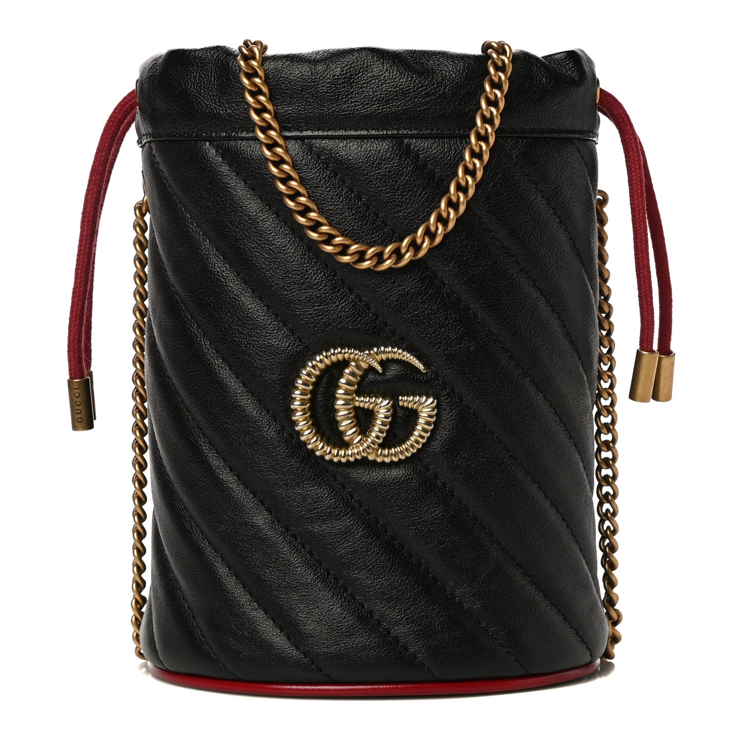 Gucci Vintage Effect Calfskin Matelasse Diagonal Mini Torchon GG Marmont 2.0 Bucket Bag Black Romantic Cherry 1 of 10