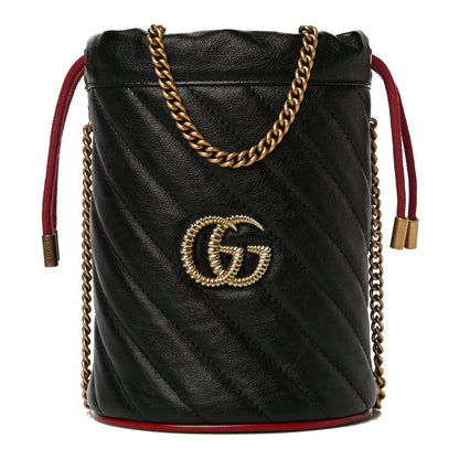 Gucci Vintage Effect Calfskin Matelasse Diagonal Mini Torchon GG Marmont 2.0 Bucket Bag Black Romantic Cherry 1 of 10