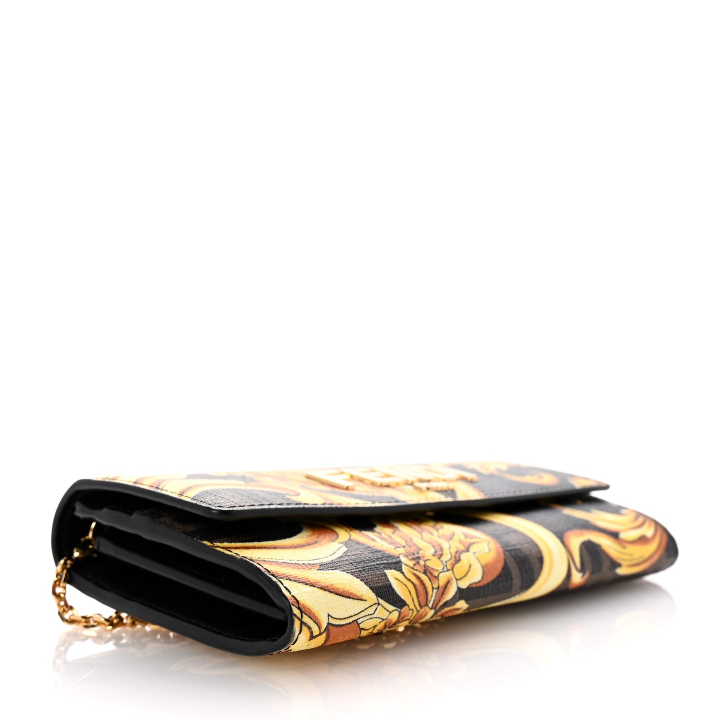 X VERSACE Glazed Fabric Fendace FF Baroque Continental Wallet On Chain Gold Tobacco Black