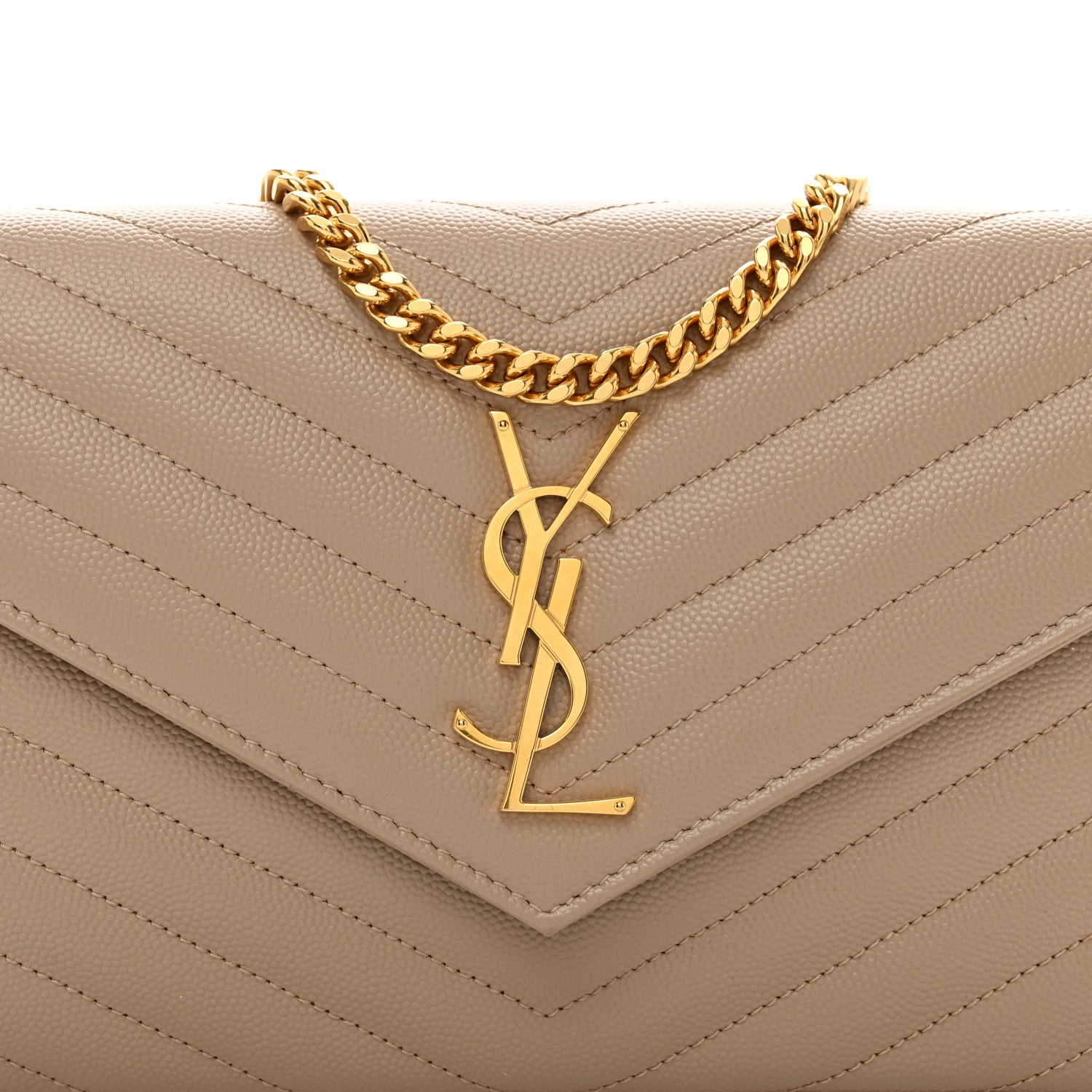 Saint Laurent Grain De Poudre Matelasse Chevron Monogram Chain Wallet Dark Beige 5 of 10