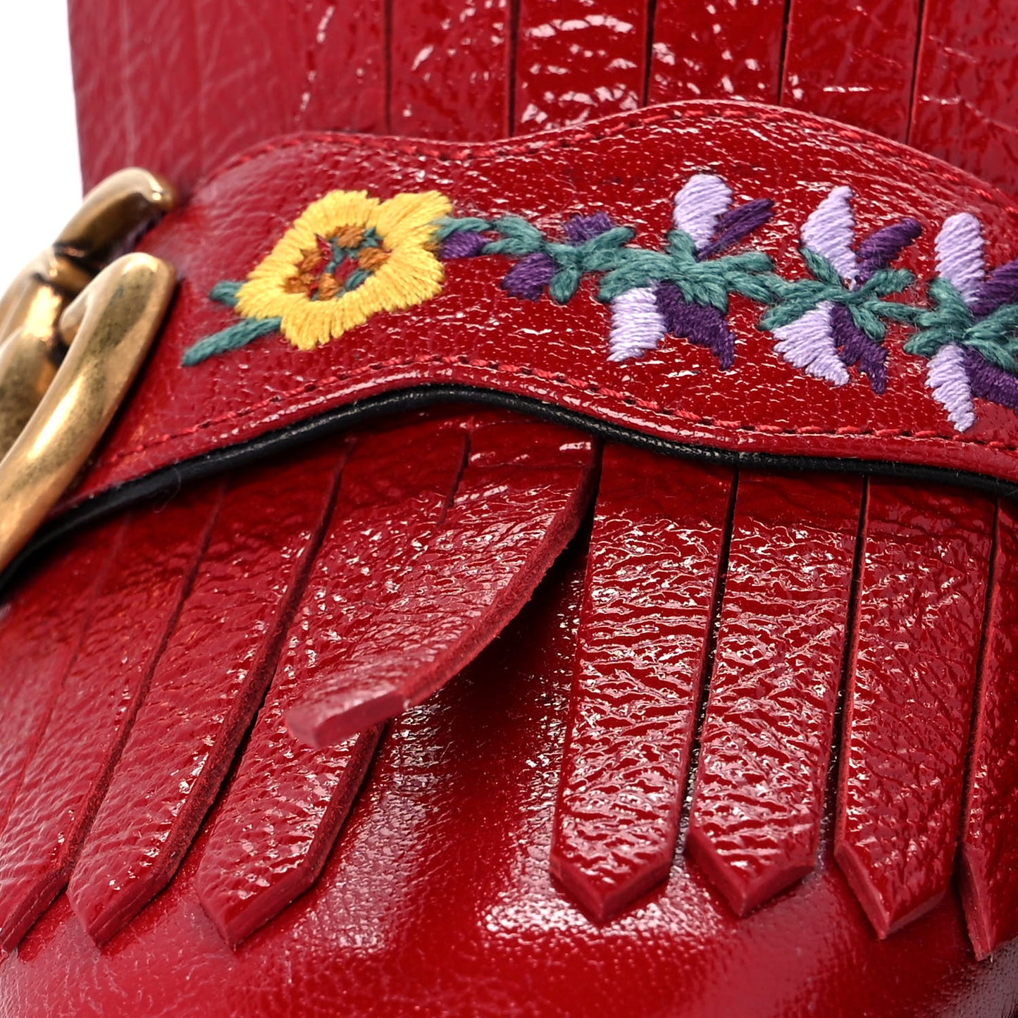 Skipper Calfskin Floral Embroidered GG Marmont Fringe 50mm Loafer Pumps 35.5 Hibiscus Red