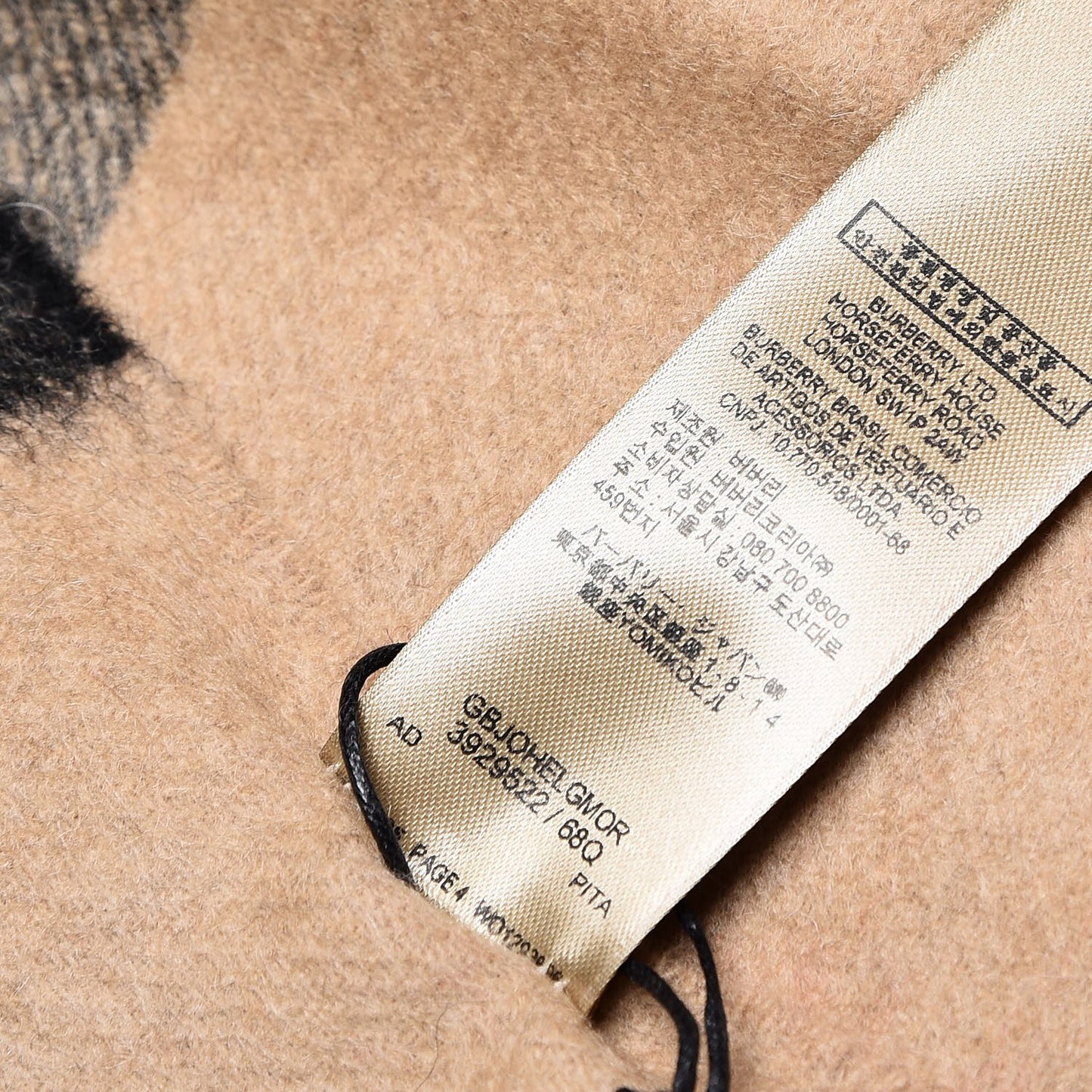 Cashmere Giant Check Fringe Scarf Camel