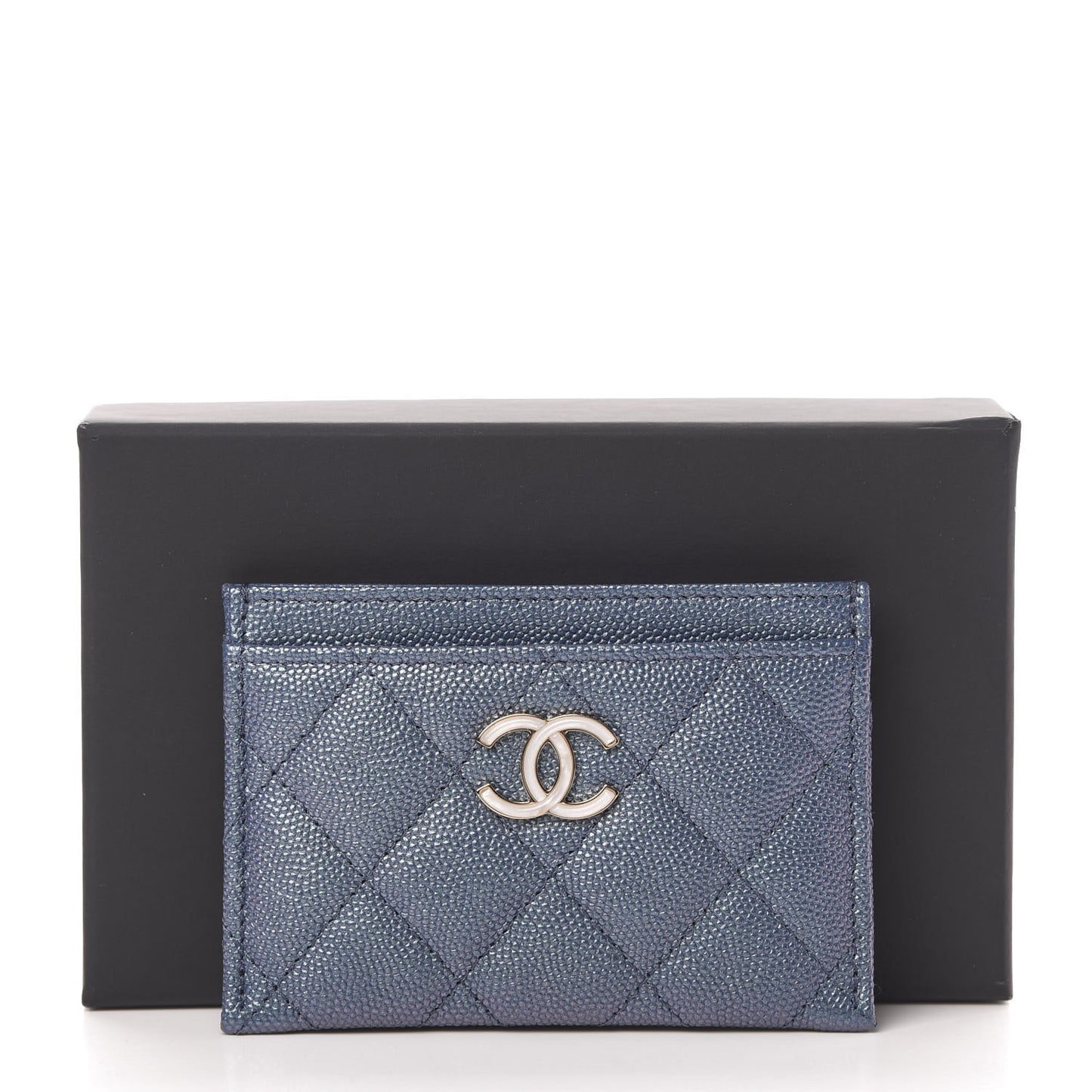 Iridescent Caviar Quilted Card Holder Dark Blue