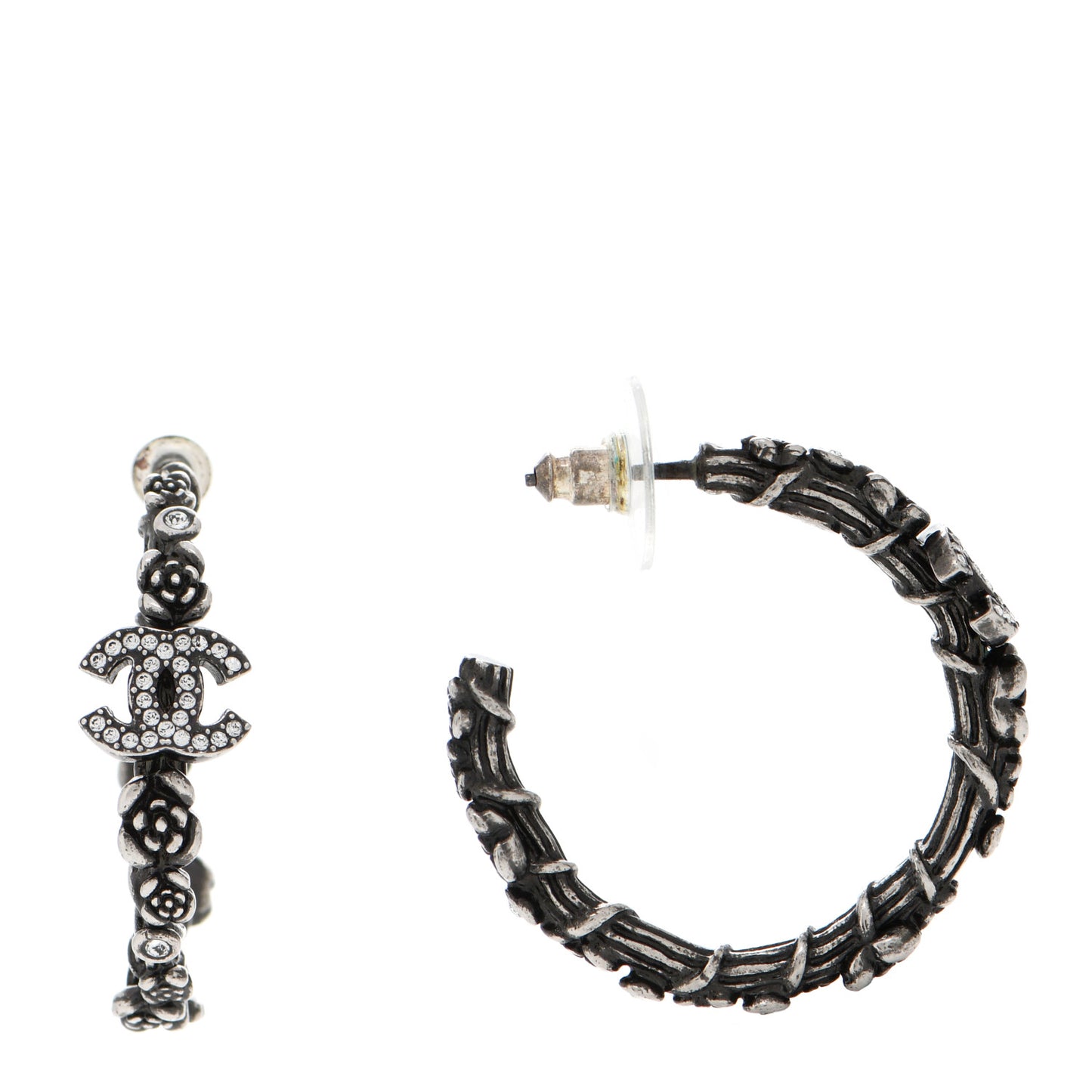 Crystal Camellia CC Hoop Earrings Ruthenium