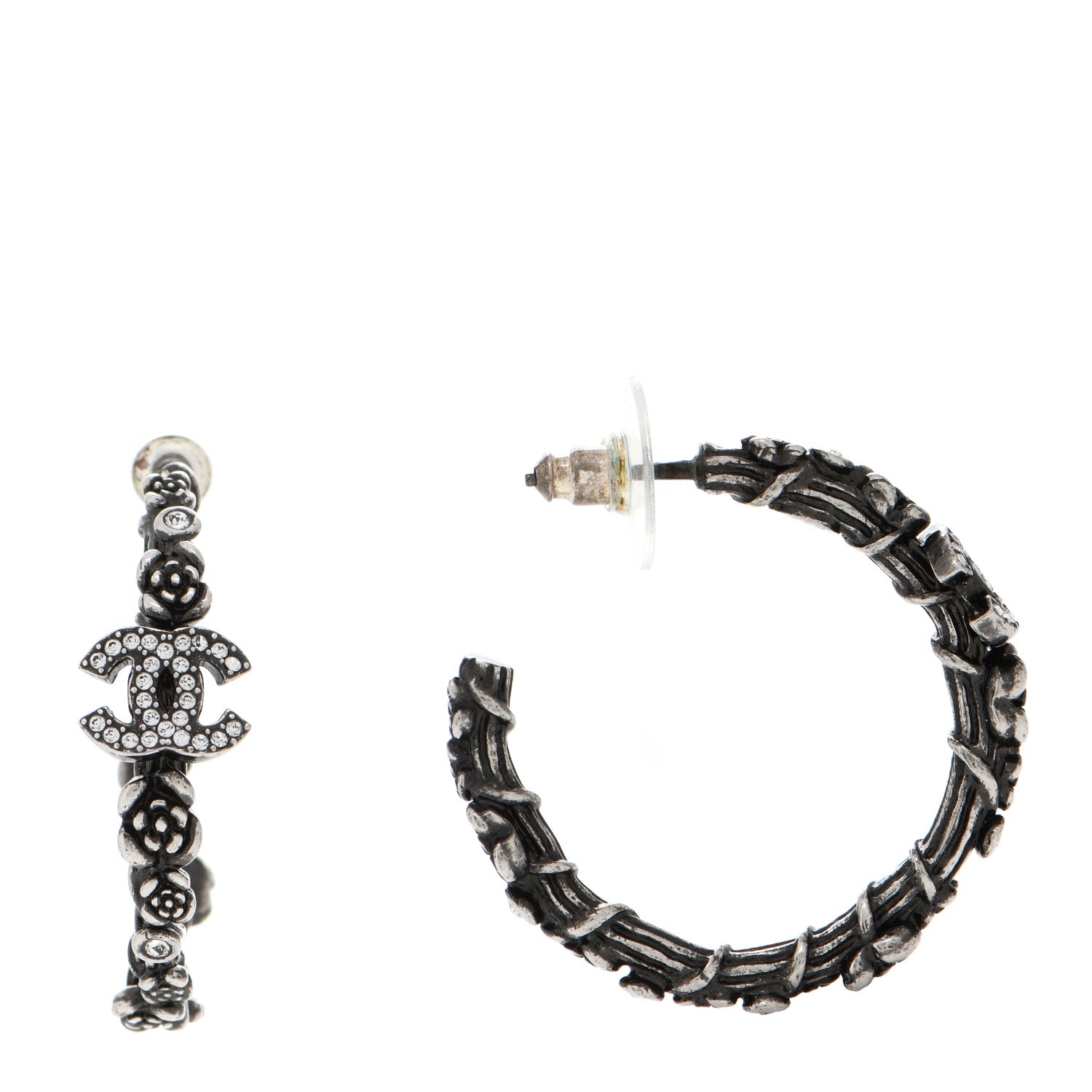 Chanel Crystal Camellia CC Hoop Earrings Ruthenium 1 of 5