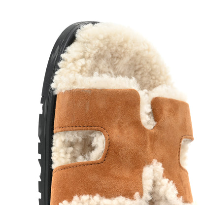 Hermes Suede Goatskin Woolskin Womens Chypre Sandals 38.5 Brun Fume Ecru 10 of 11