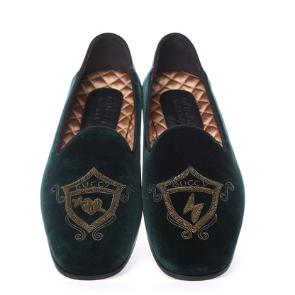 Gucci Velvet Crest Embroidered Mens Loafers 7.5 Green 5 of 9
