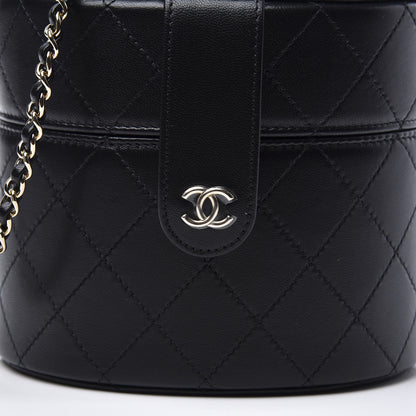 Chanel Lambskin Quilted Round Vanity Case With Chain Black 10 of 10