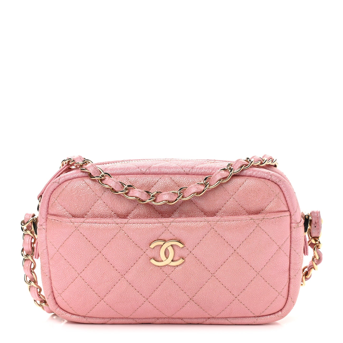 Iridescent Caviar Quilted Small Timeless Camera Case Pink