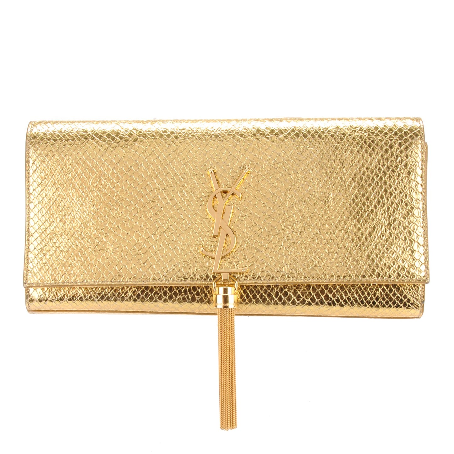 Metallic Calfskin Embossed Classic Monogram Tassel Clutch Gold