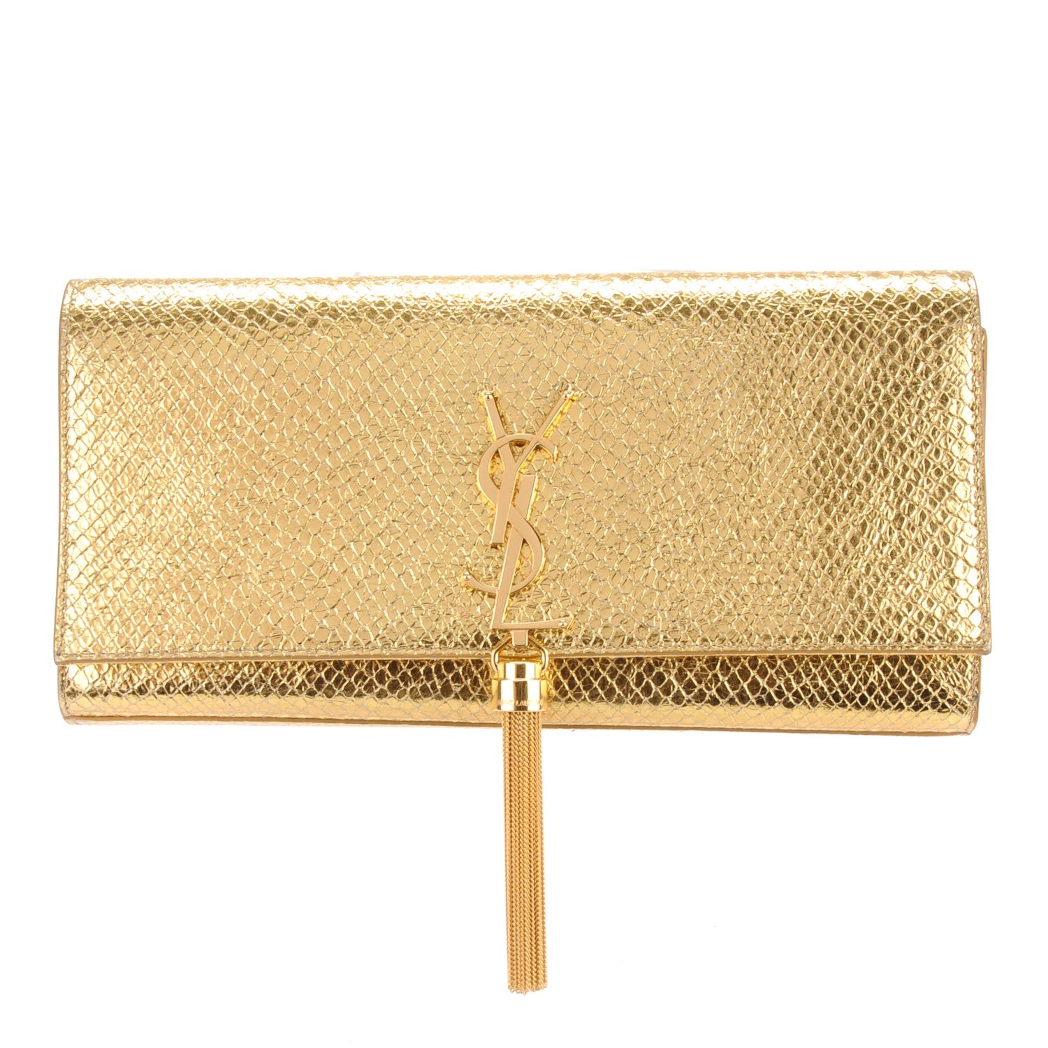 Saint Laurent Metallic Calfskin Embossed Classic Monogram Tassel Clutch Gold 1 of 7