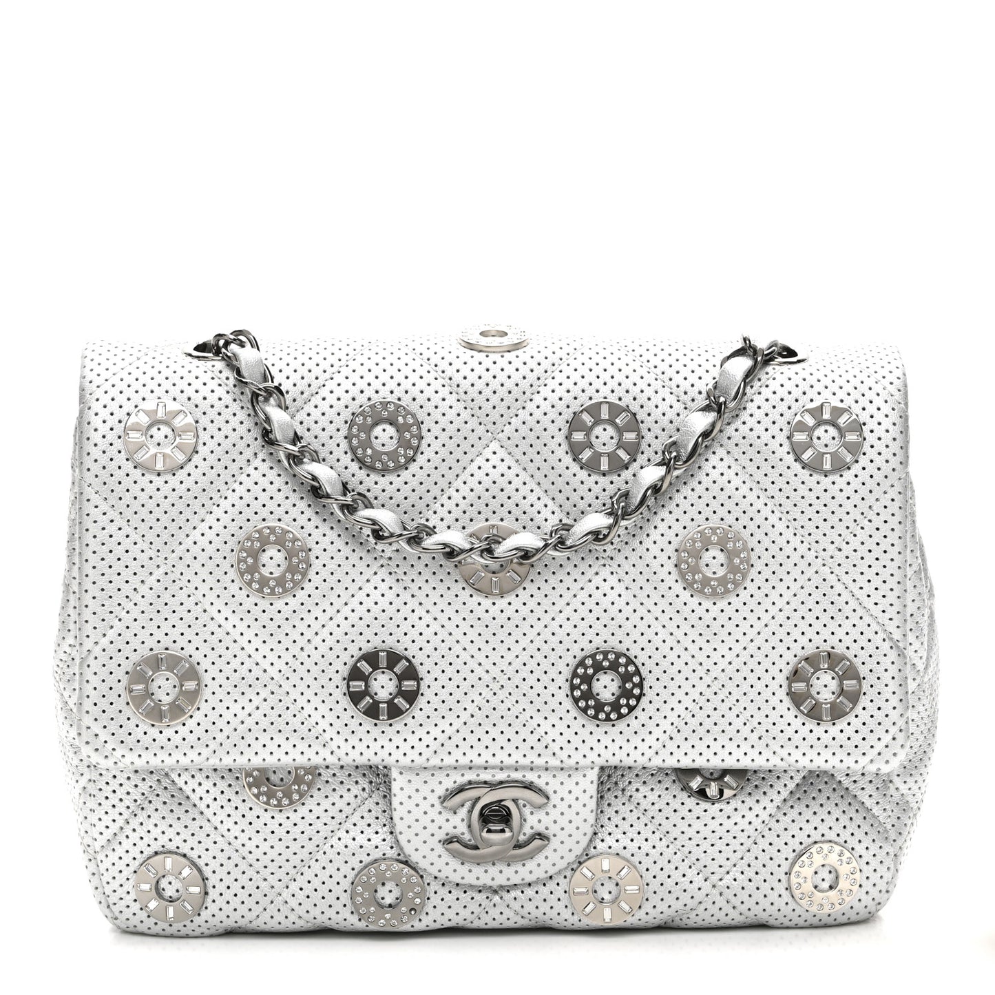 Perforated Metallic Lambskin Small CC Medals Flap Silver