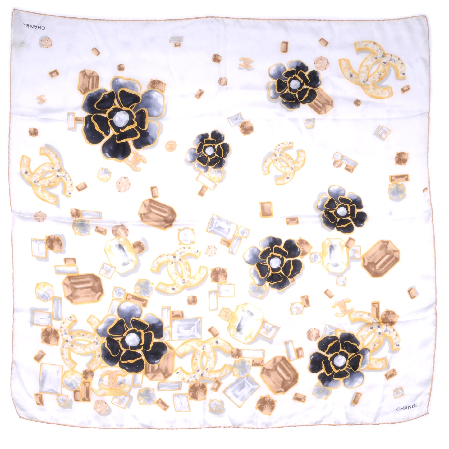 Silk Camellia Flower Scarf Black Beige