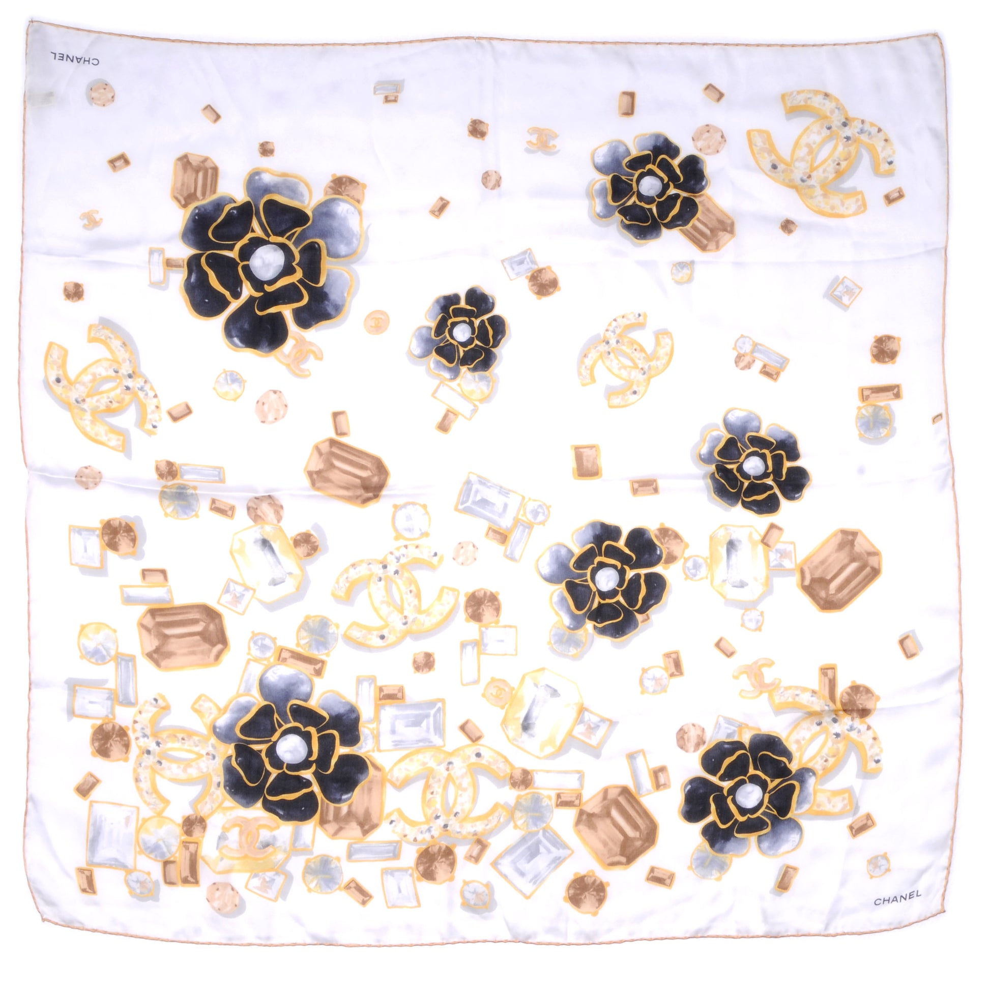 Chanel Silk Camellia Flower Scarf Black Beige 2 of 5