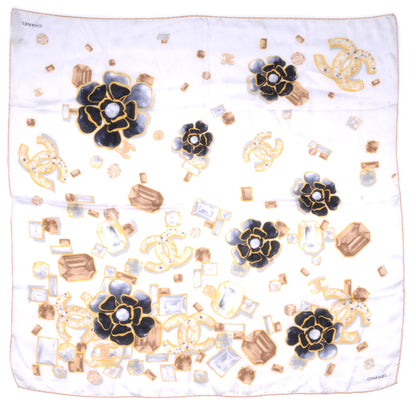 Chanel Silk Camellia Flower Scarf Black Beige 2 of 5