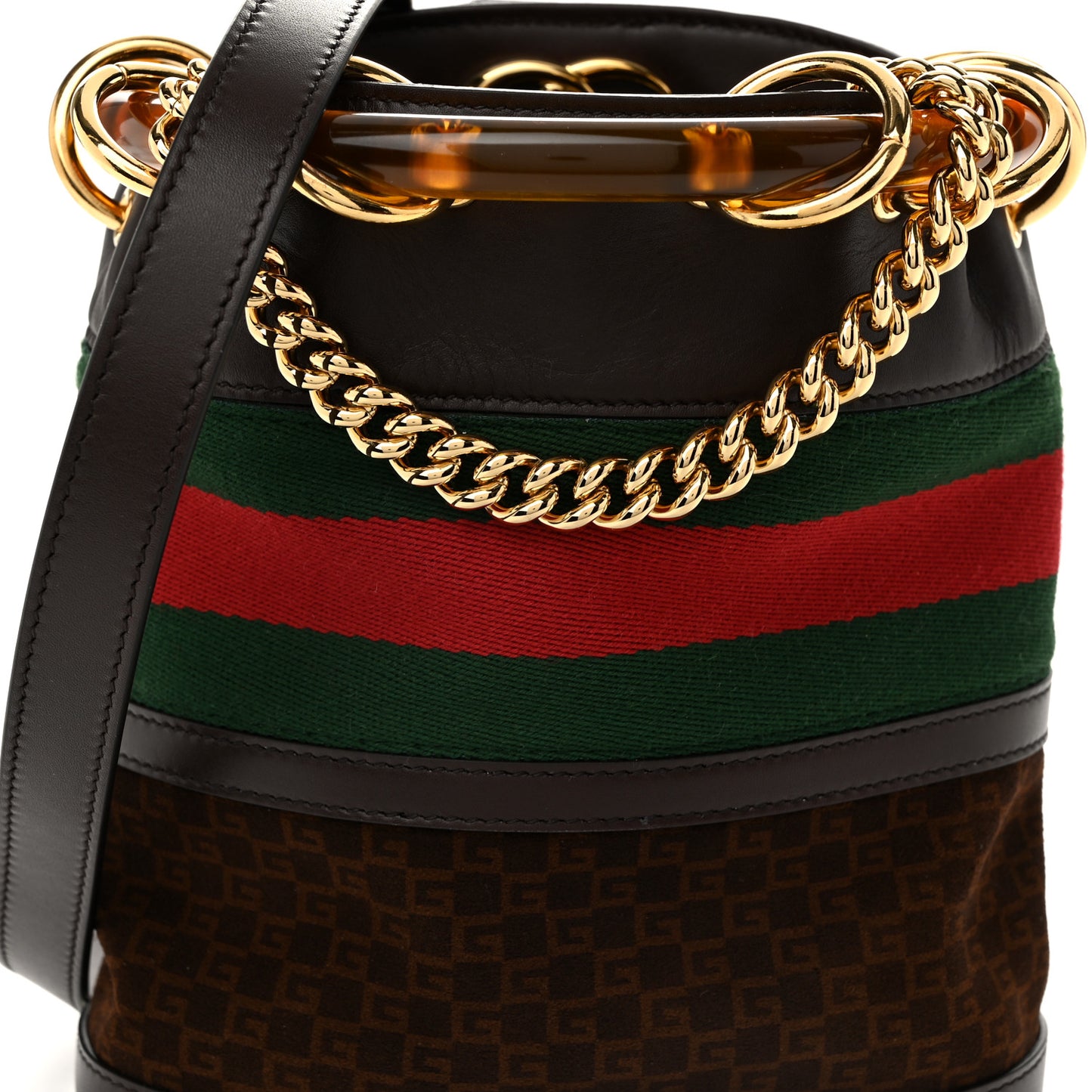 Suede Calfskin Web G Logo Bucket Bag Dark Brown