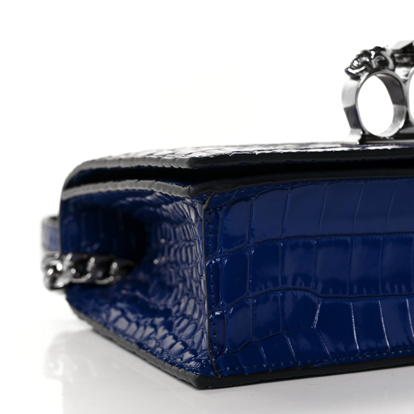 Calfskin Crocodile Embossed Knuckle Shoulder Bag Blue