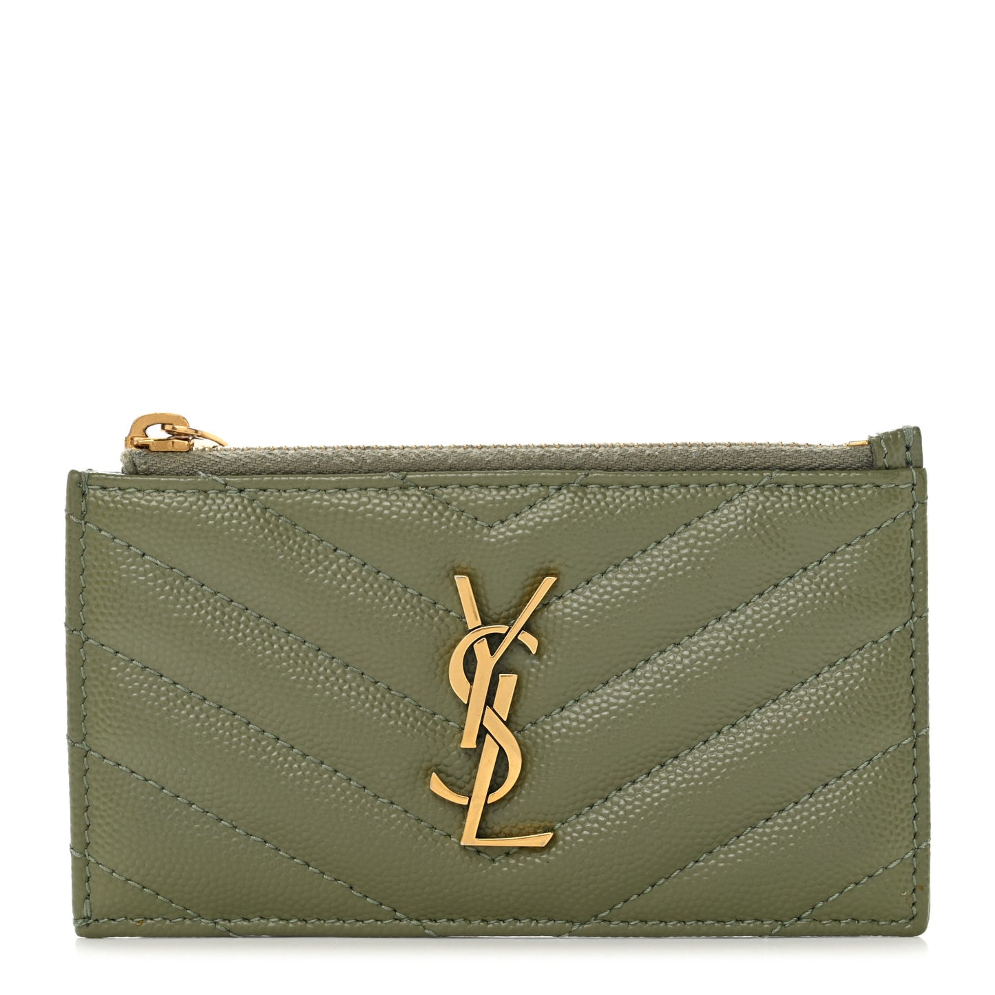 Grain De Poudre Matelasse Chevron Monogram Fragments Zippered Card Case Light Sage