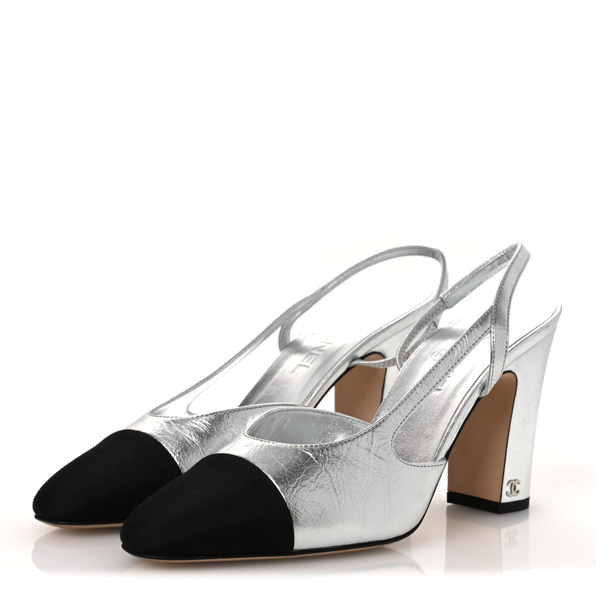 Laminated Crumpled Lambskin Grosgrain Cap Toe CC Slingback Pumps 41 Silver Black