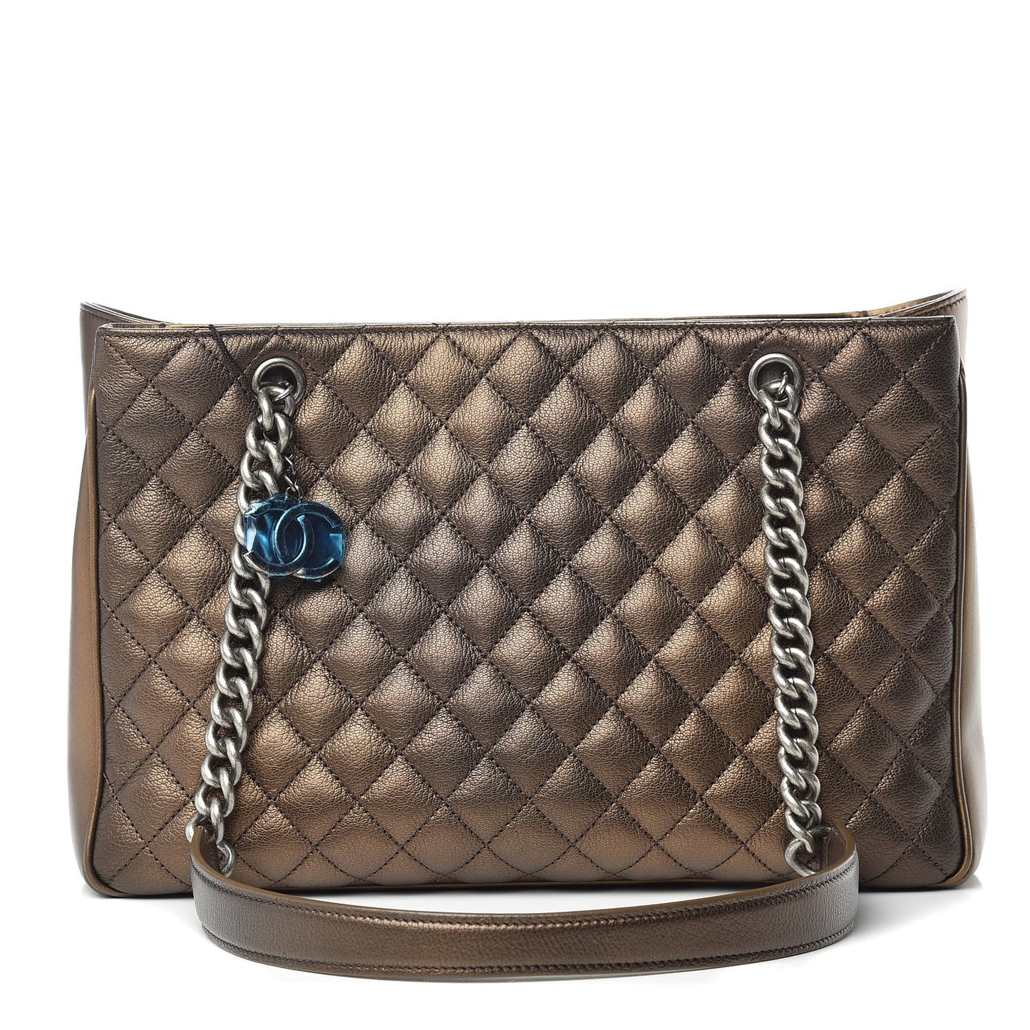 Metallic Grained Calfskin Quilted Shopping Tote Dark Gold