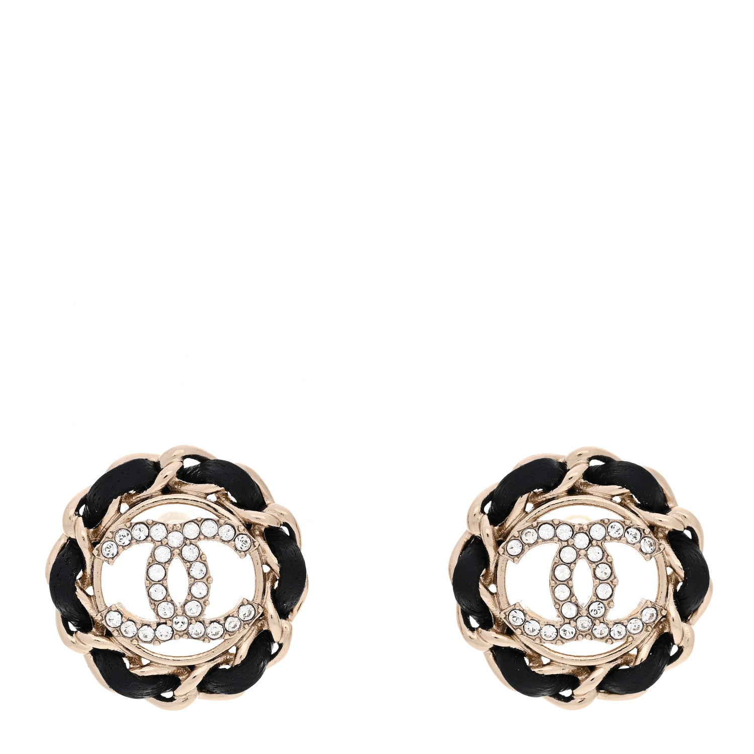 Chanel Crystal Lambskin Chain CC Stud Earrings Black Gold 1 of 5