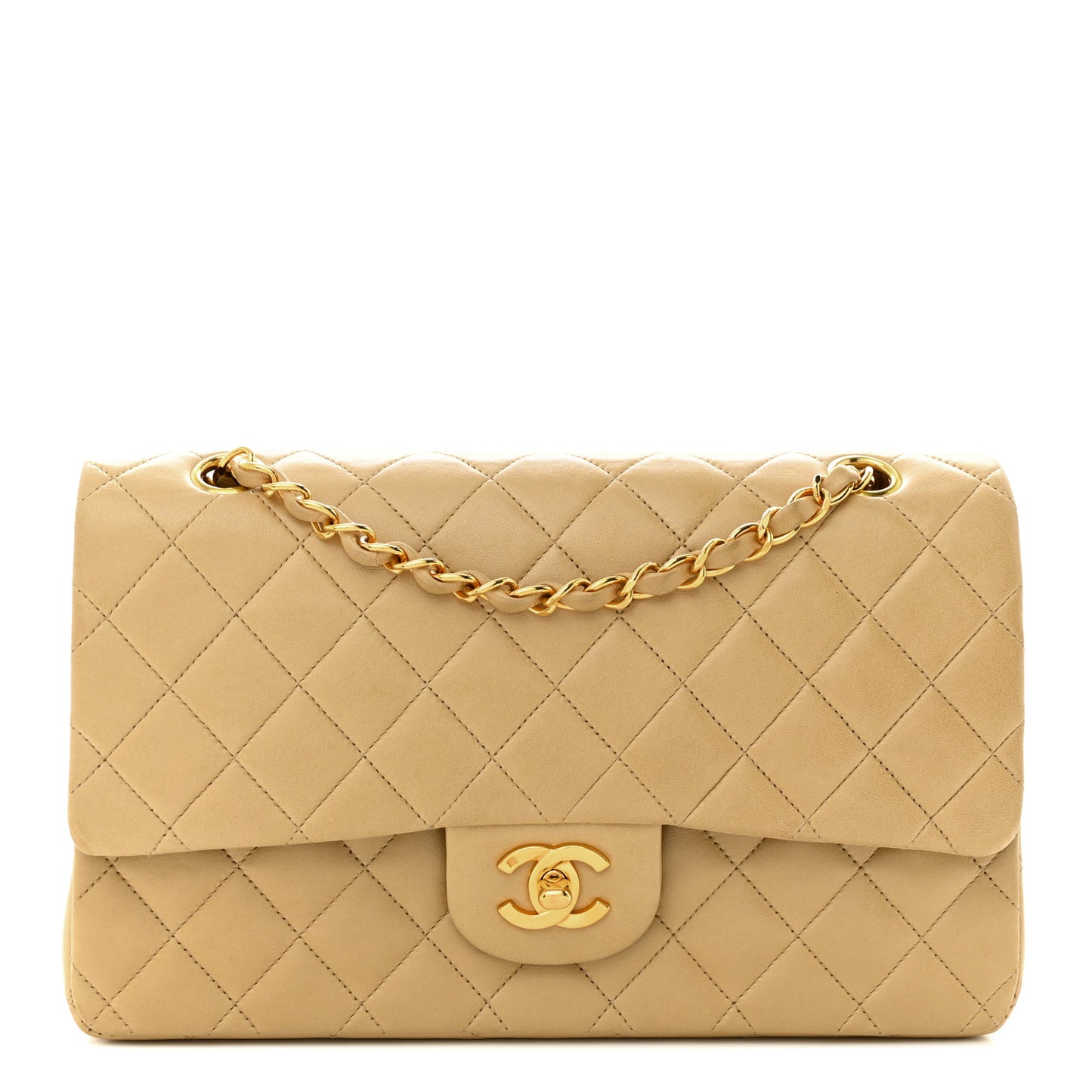 Lambskin Quilted Medium Double Flap Beige