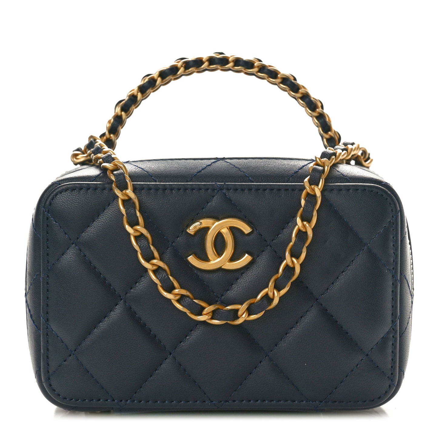 Lambskin Quilted Chain Top Handle Vanity Case Blue