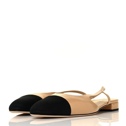 Chanel Lambskin Grosgrain Cap Toe CC Slingback Sandals 41 Beige Black 3 of 9