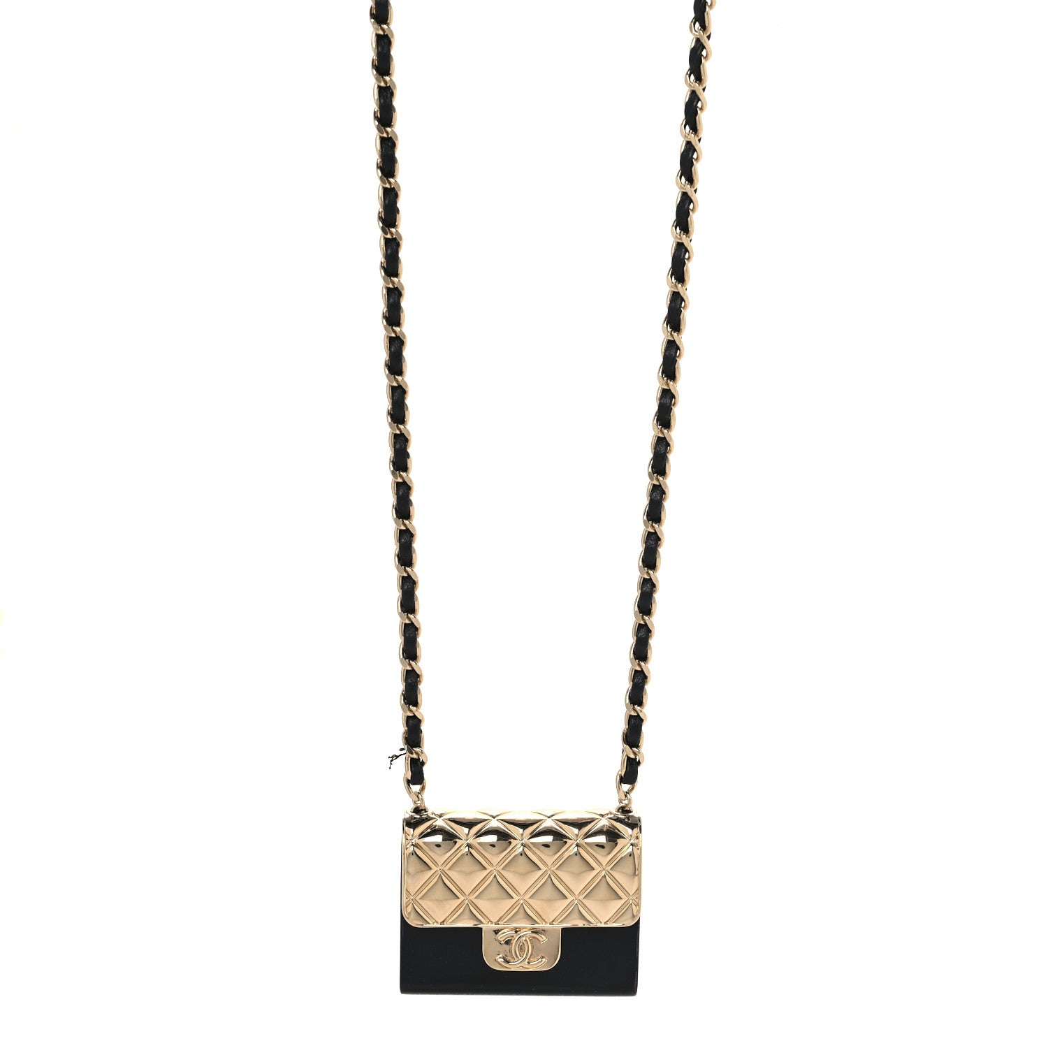 Chanel Metal Resin Lambskin Flap Bag Long Necklace Gold Black 1 of 6