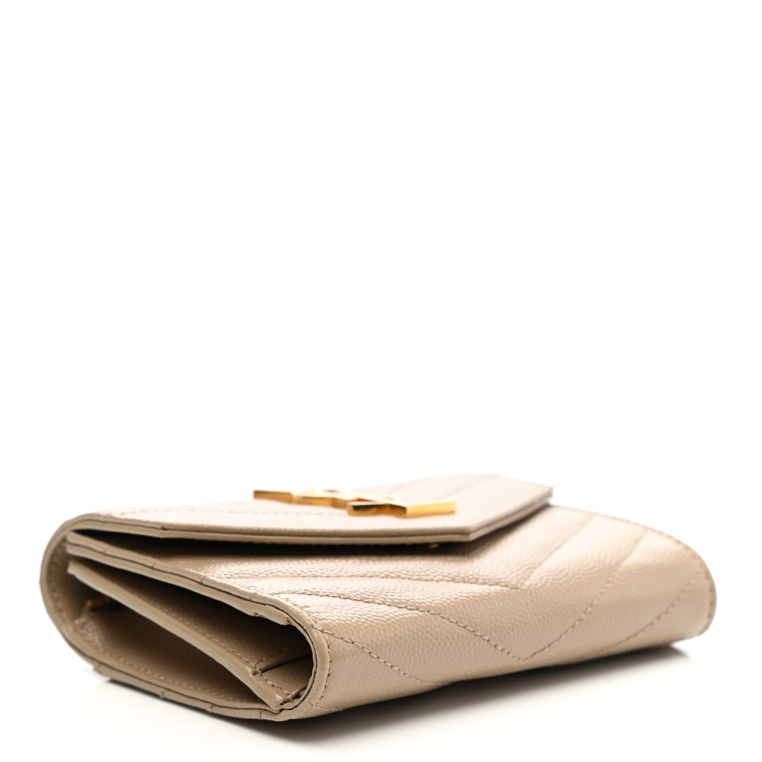 Saint Laurent Grain De Poudre Matelasse Chevron Monogram Compact Tri Fold Wallet Light Taupe 4 of 7