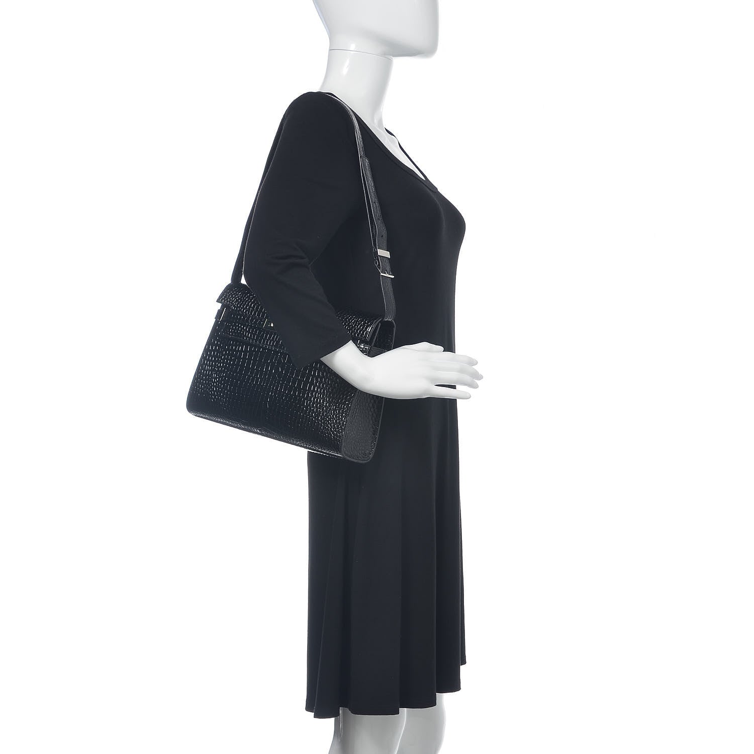 Saint Laurent Shiny Calfskin Crocodile Embossed Manhattan Baguette Black 2 of 11