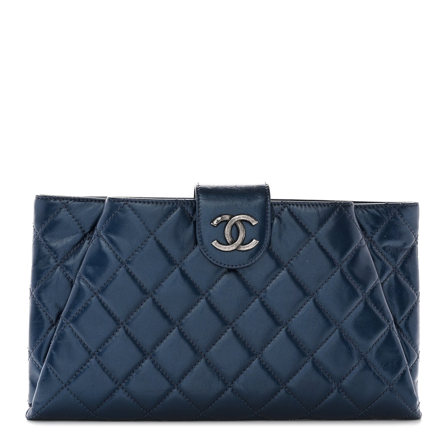 Glazed Calfskin Quilted Coco Pleats Clutch Navy