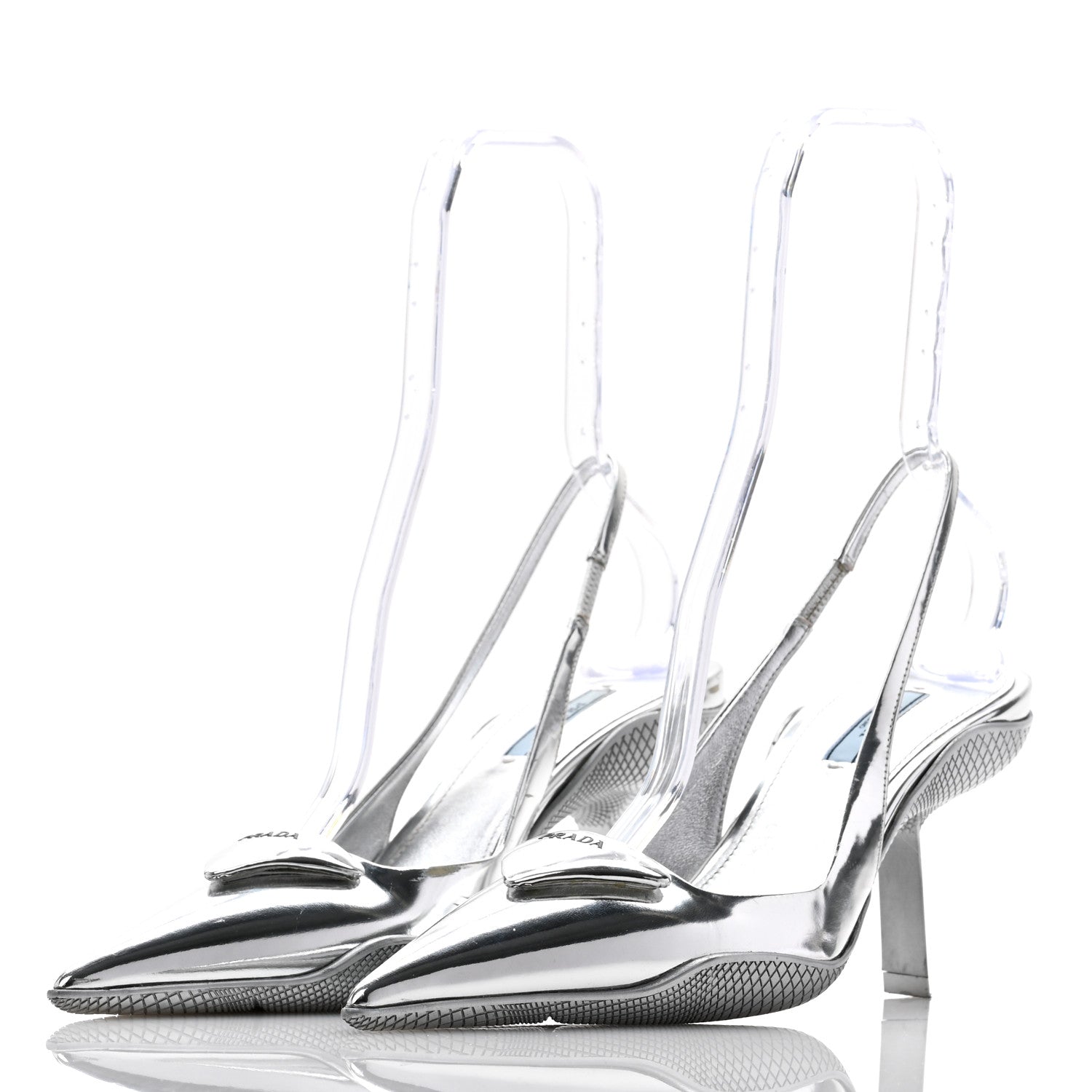 Prada Spazzolato Triangle Logo Pointed Toe 45mm Slingback Pumps 40 Argento 3 of 9