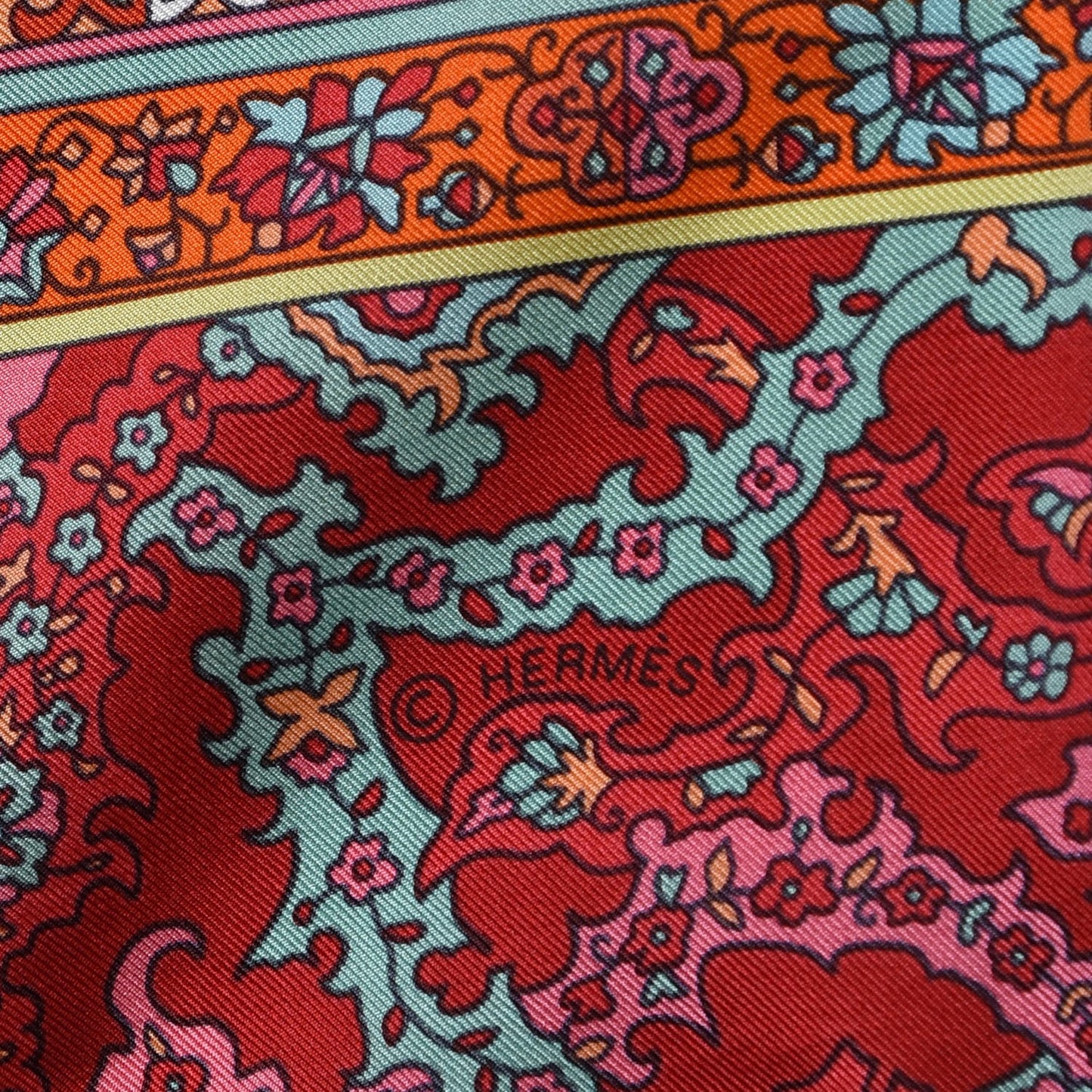 Silk Twill Tapis Persans Giant Plume Scarf 140 Framboise Turquoise Orange
