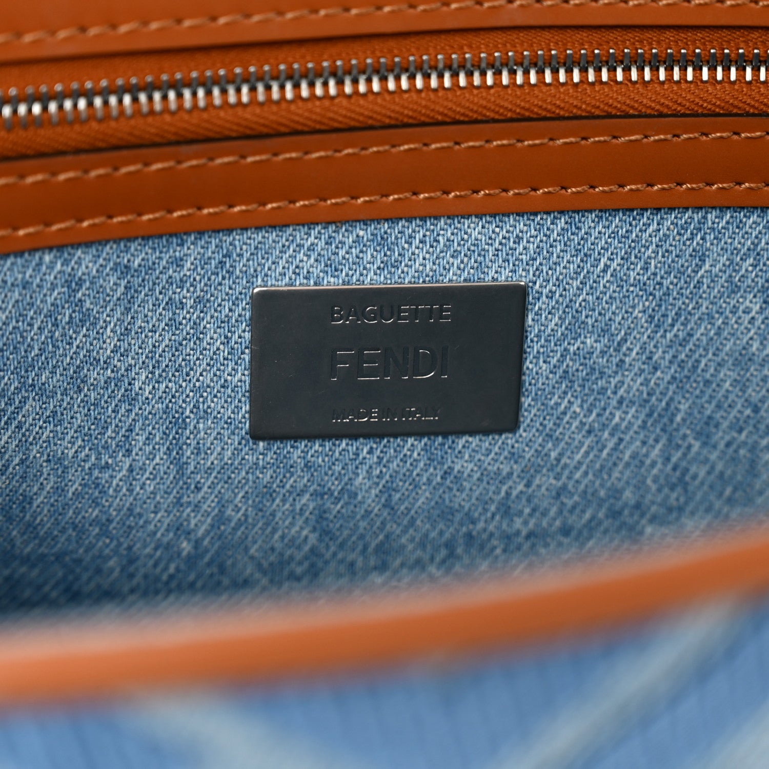 Fendi Denim Vitello King FF Embroidered Baguette Denim Chiaro Brandy 6 of 10