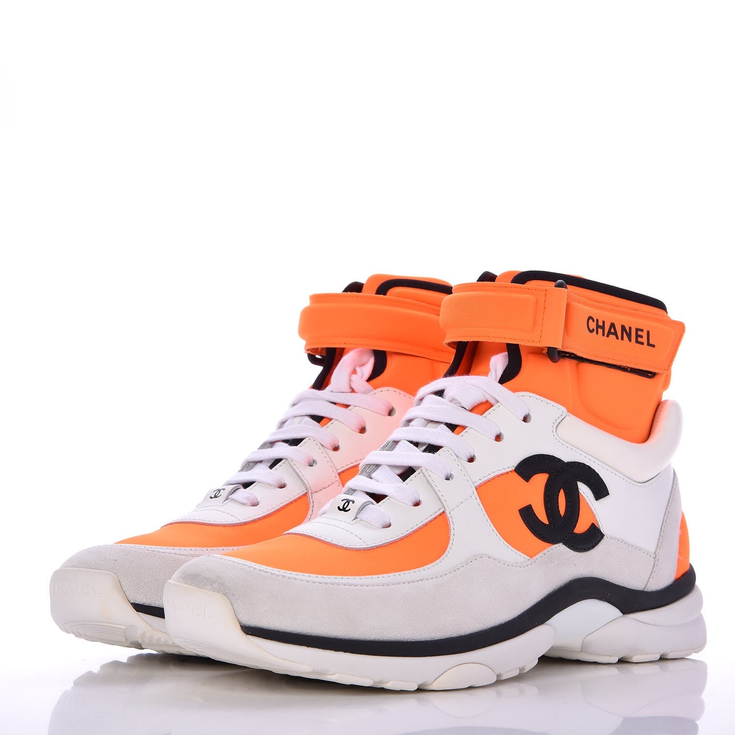 Chanel Suede Calfskin Lambskin Neoprene High Top CC Sneakers 39 White Fluo Orange 3 of 9