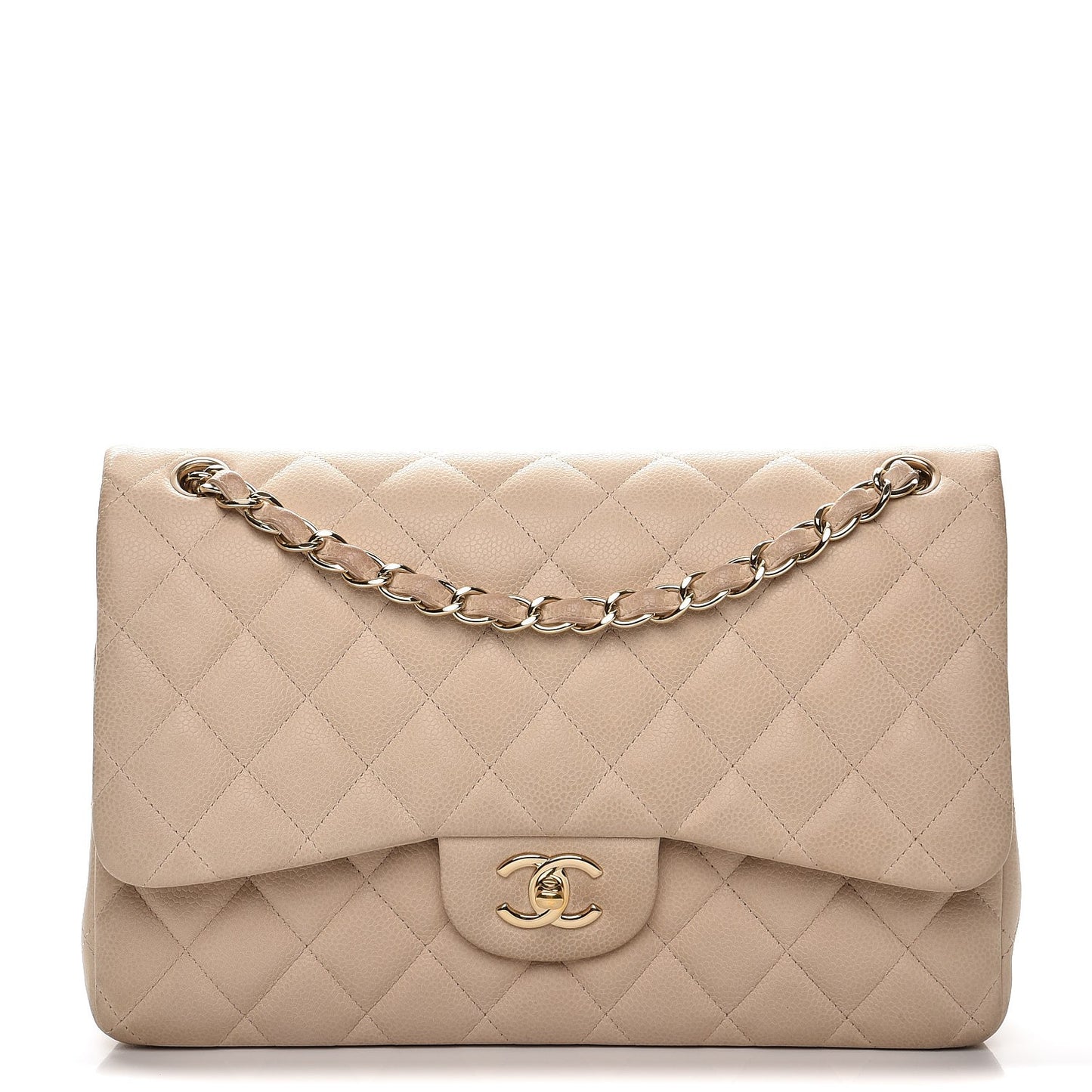Caviar Quilted Jumbo Double Flap Light Beige