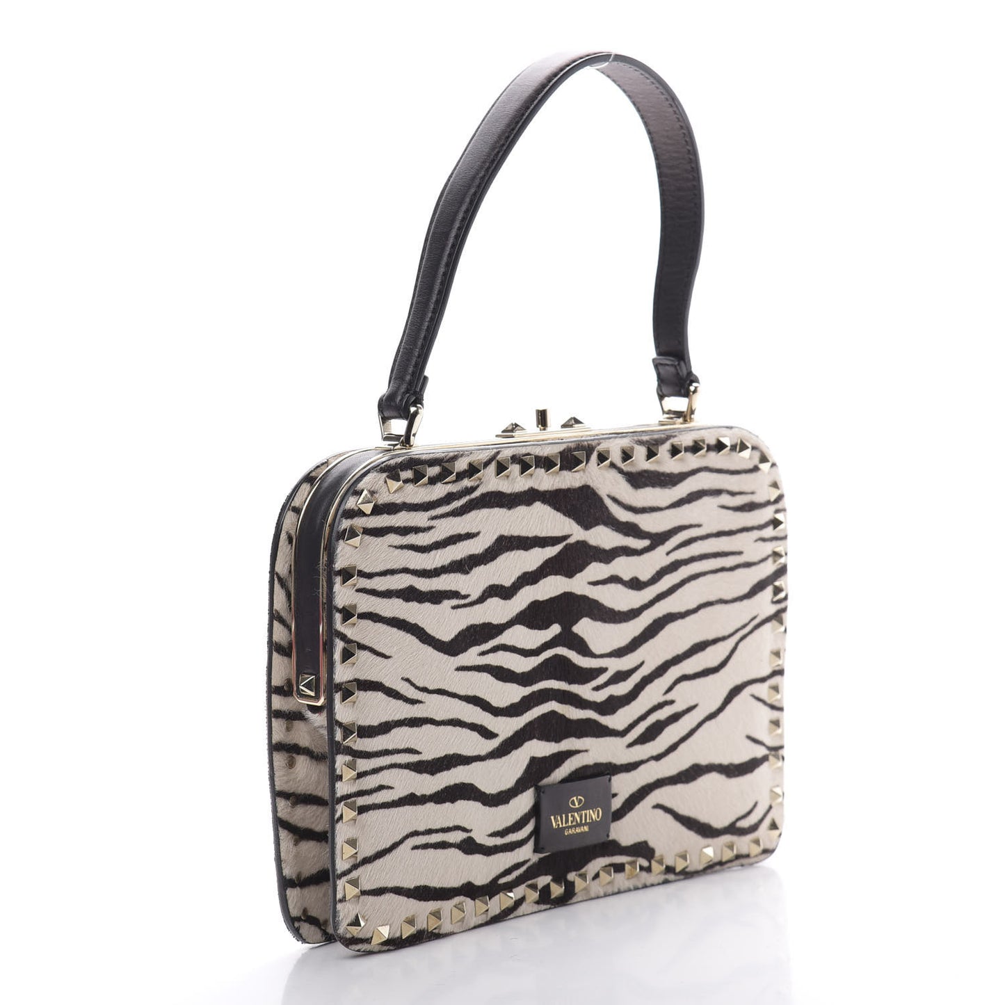 Pony Hair Zebra Rockstud Frame Bag Black Ivory