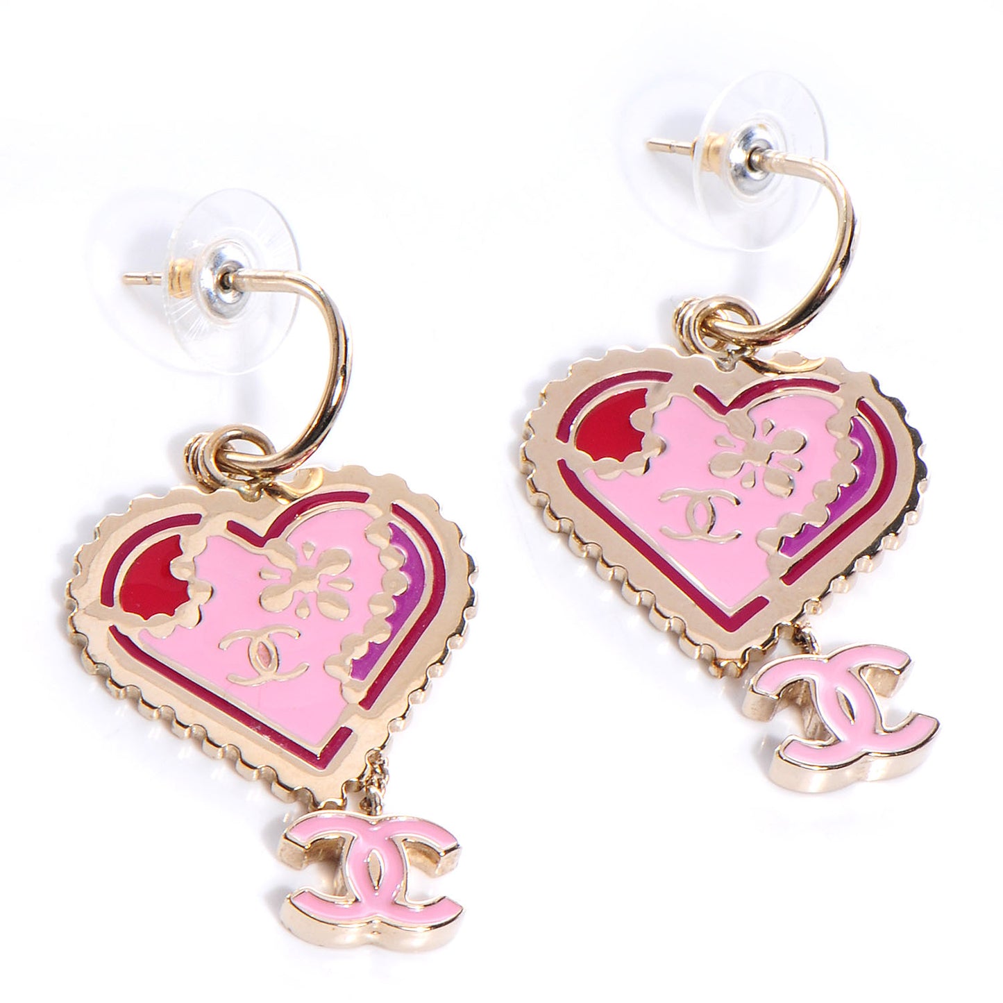 Enamel Valentine CC Heart Drop Earrings Pink Gold