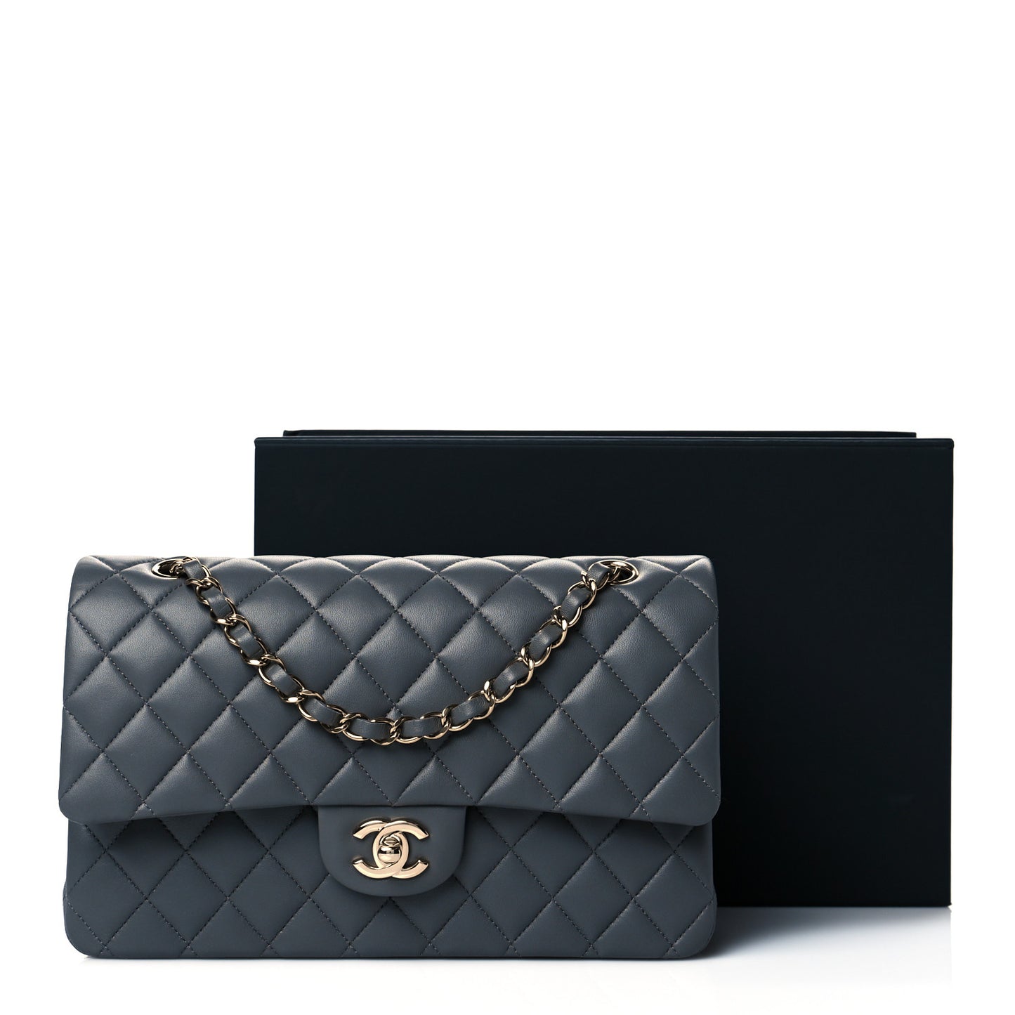 Lambskin Quilted Medium Double Flap Dark Grey