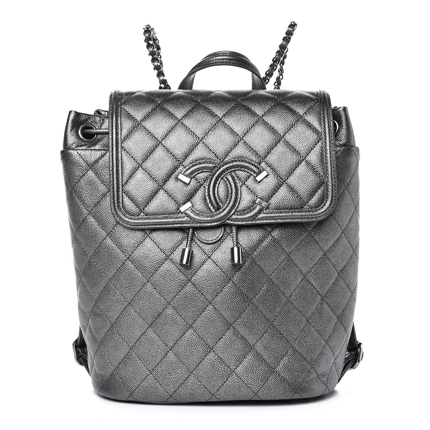 Metallic Caviar Quilted Filigree Backpack Dark Silver