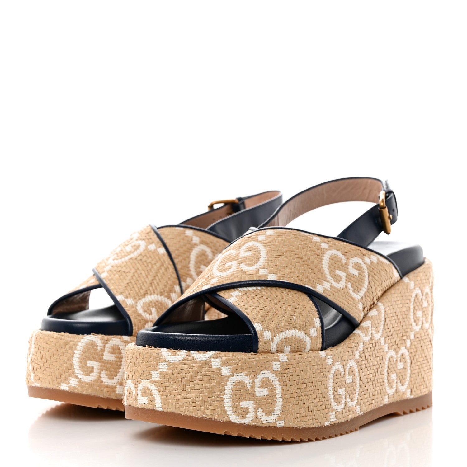 Gucci Raffia Nappa GG Monogram Angelina Platform Slingback Sandals 40 Natural Great White Blue Agata 3 of 9