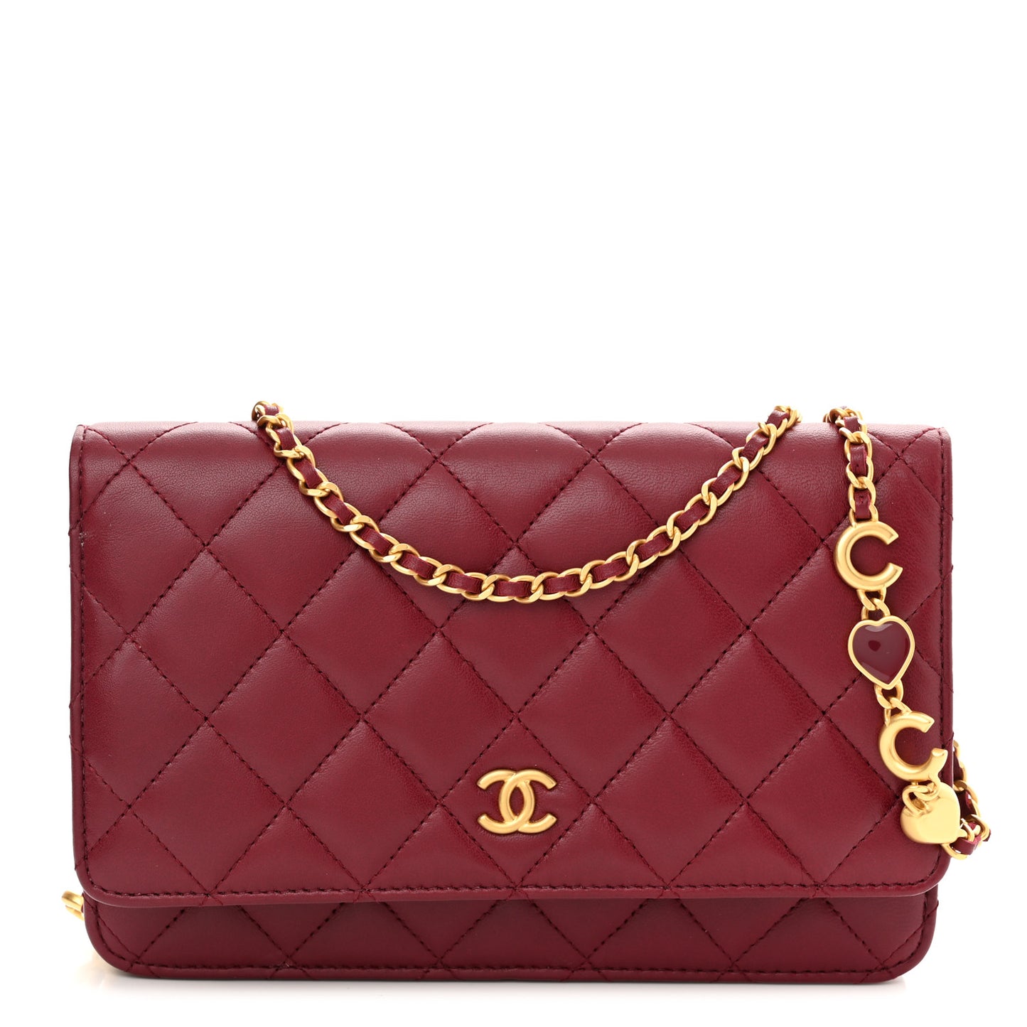 Lambskin Resin Quilted Coco Hearts Wallet On Chain WOC Burgundy