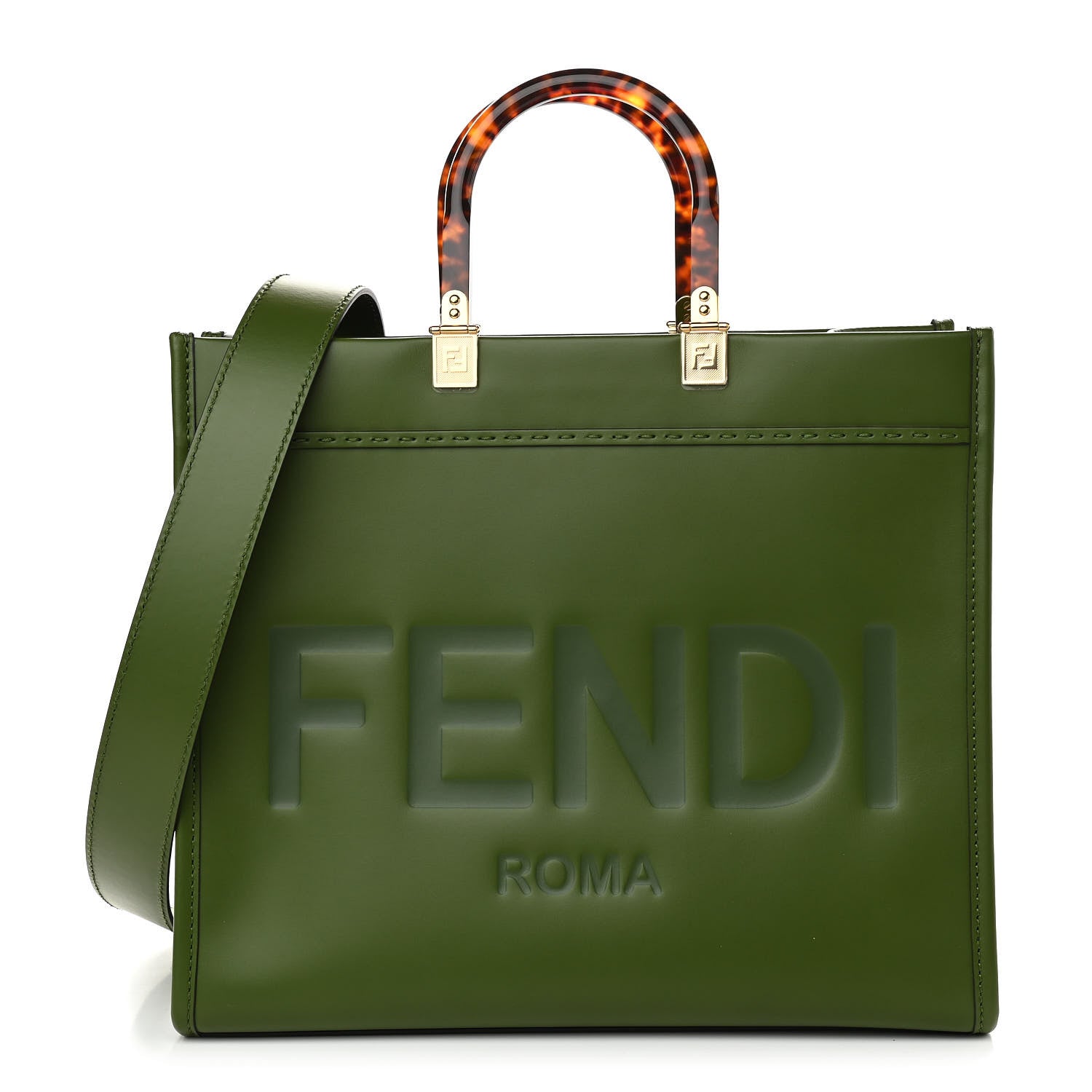 Fendi Vitello King Plexiglass Logo Embossed Medium Fendi Sunshine Shopper Tote Avocado 1 of 10