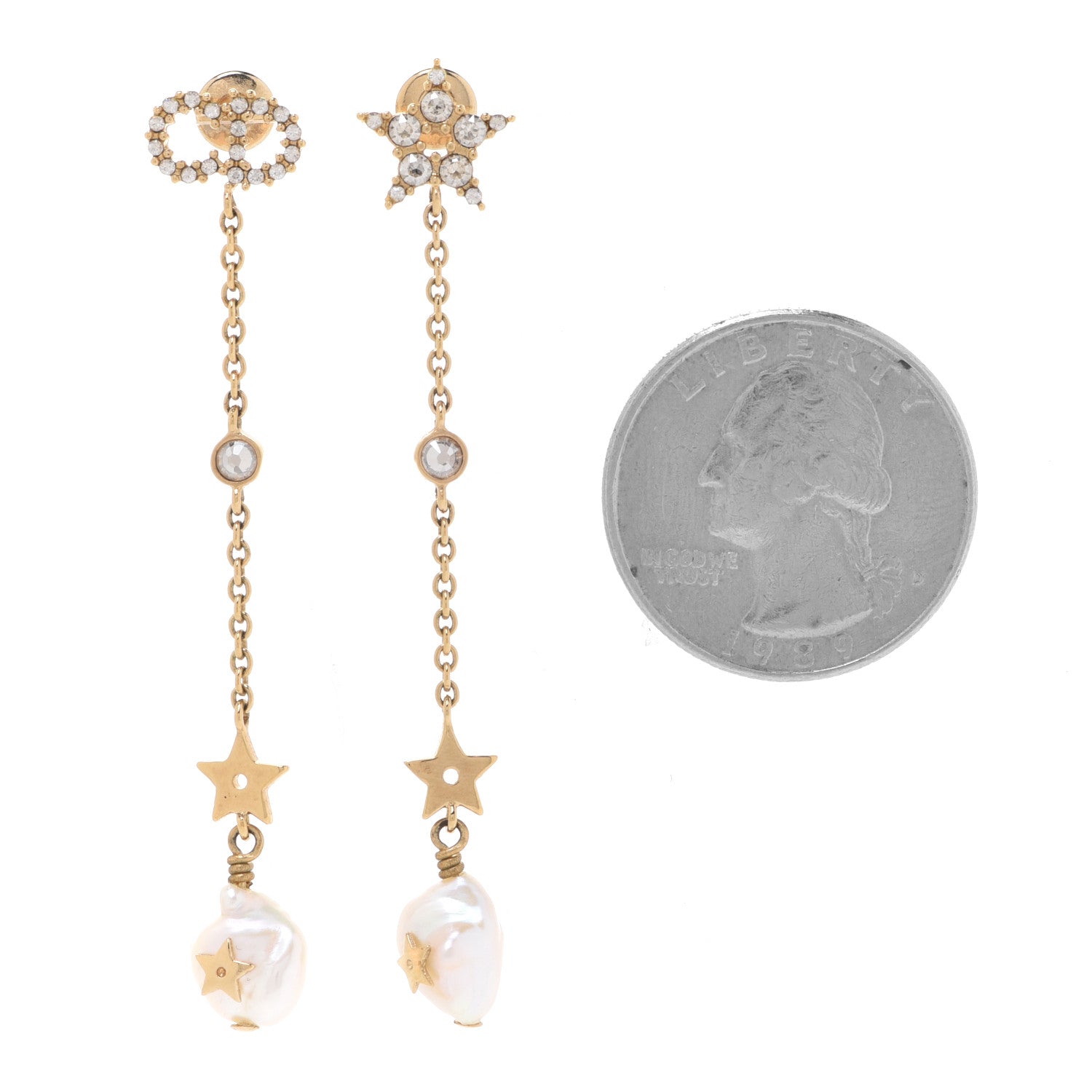 Christian Dior Pearl Crystal Shiny-D Dangle Chain Earrings Gold 2 of 5